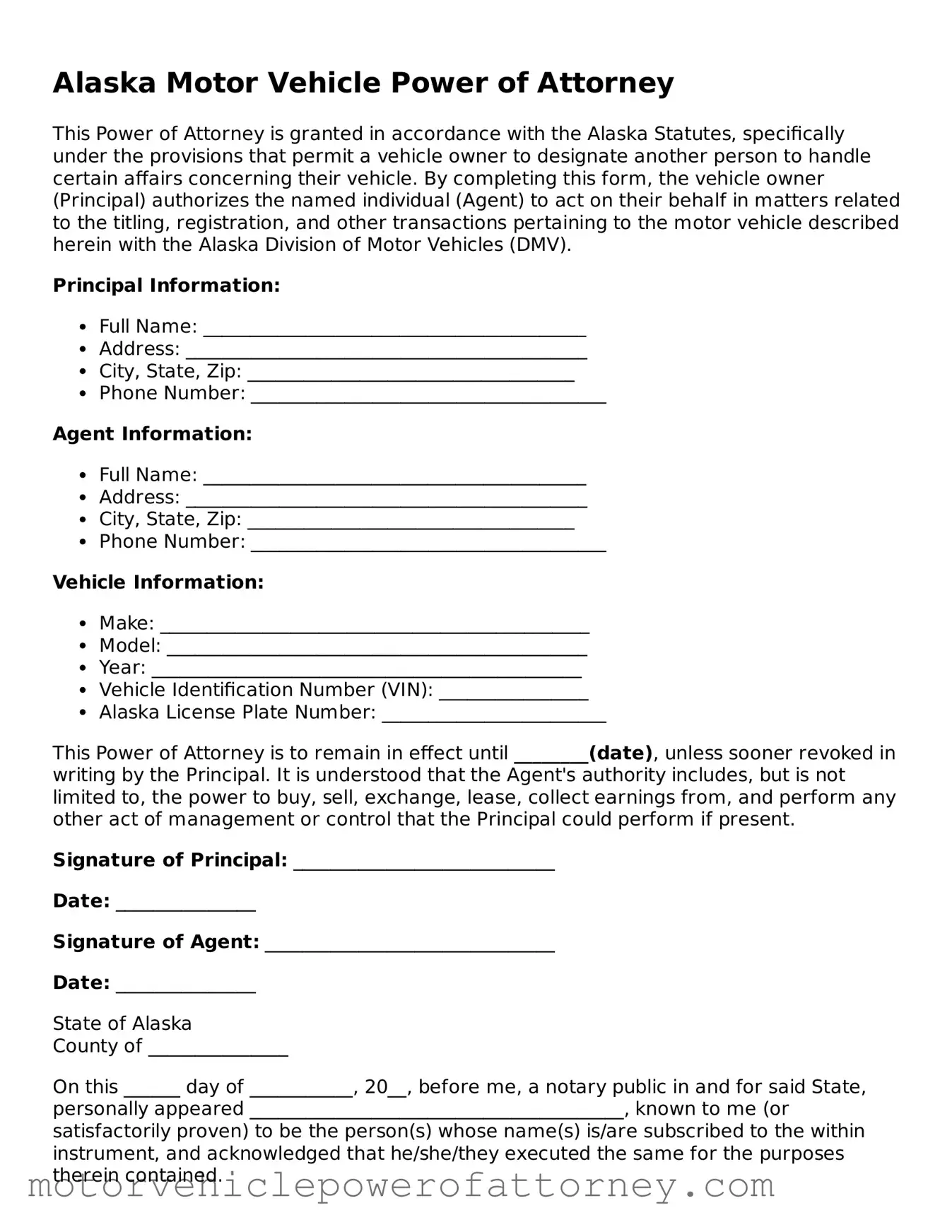 Motor Vehicle Power of Attorney Template for Alaska State