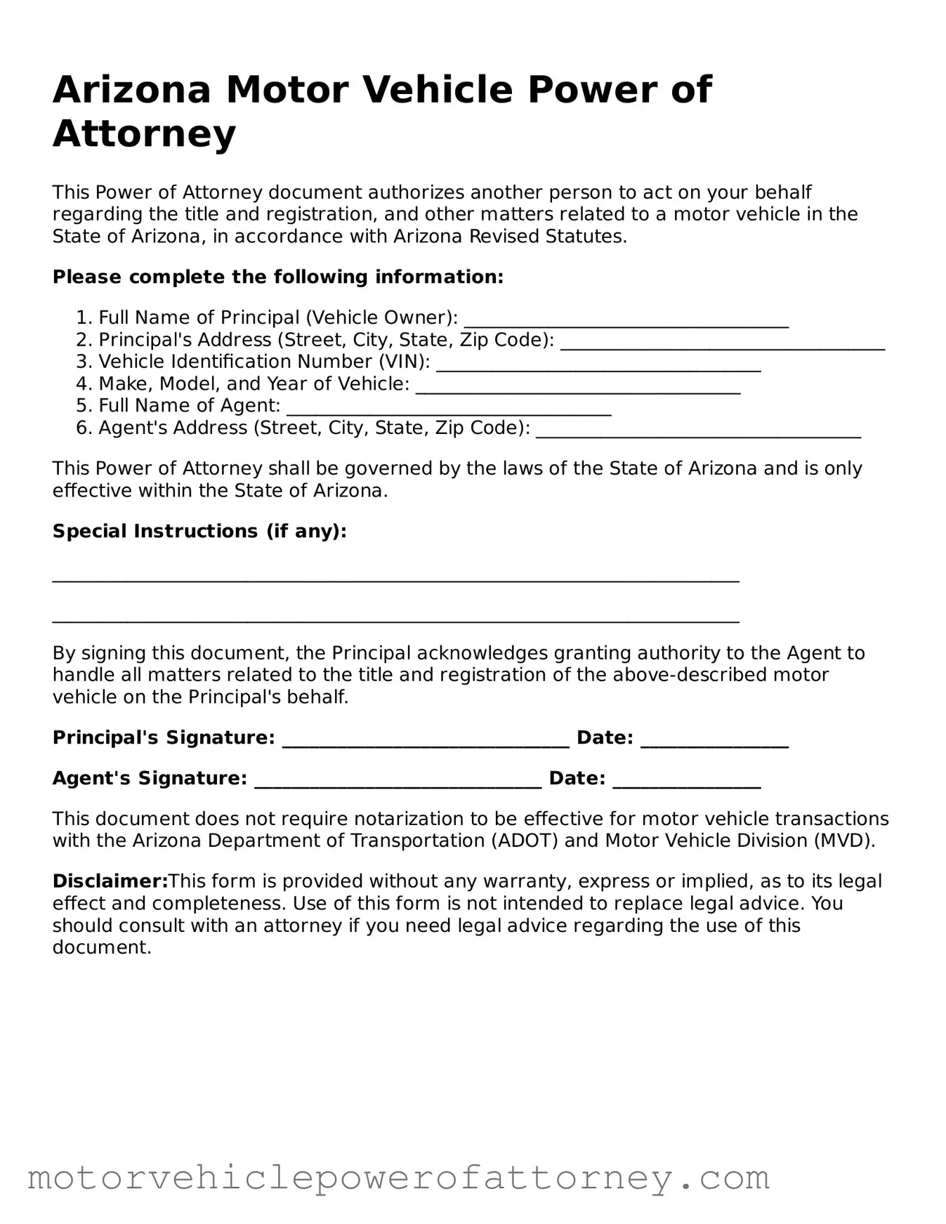 Motor Vehicle Power of Attorney Template for Arizona State