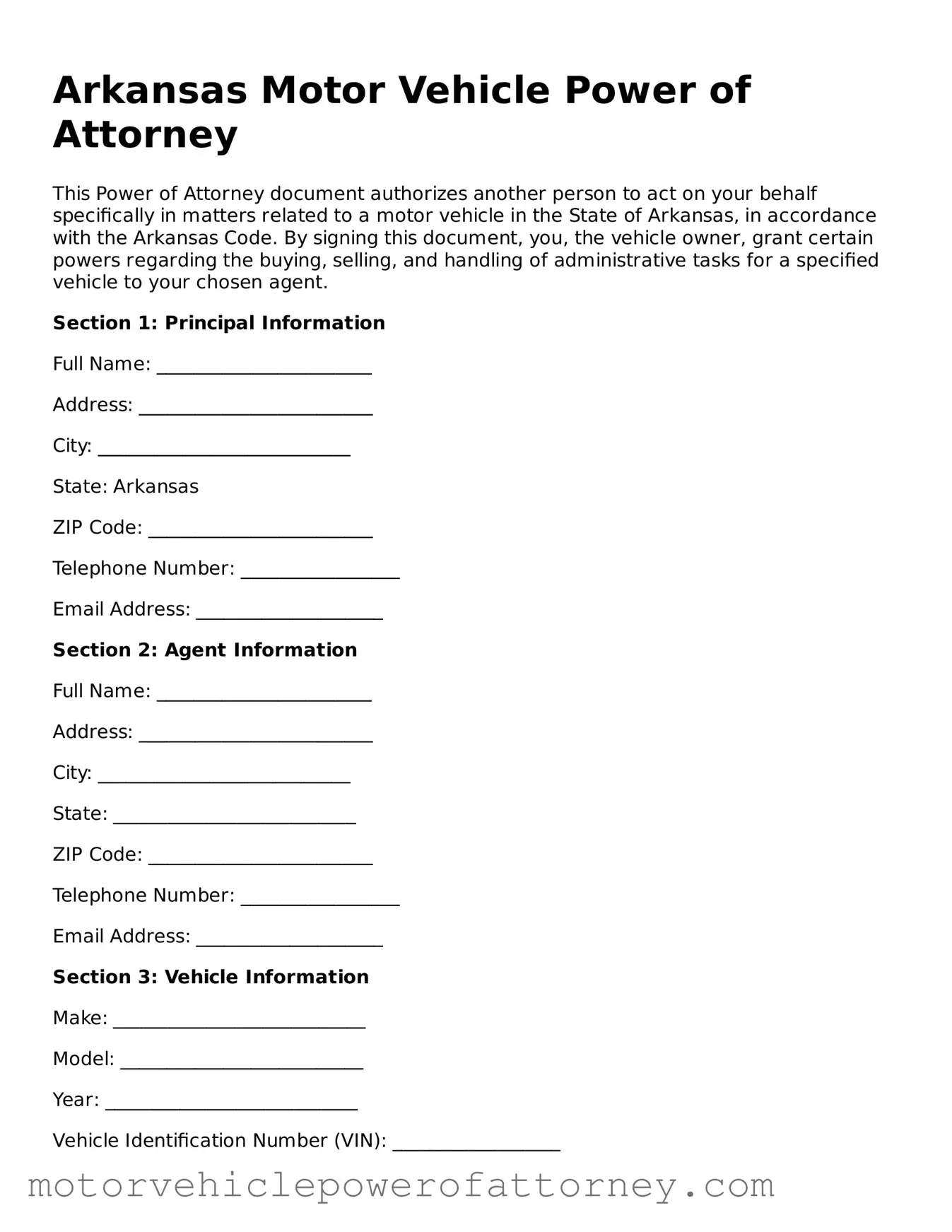 Motor Vehicle Power of Attorney Template for Arkansas State
