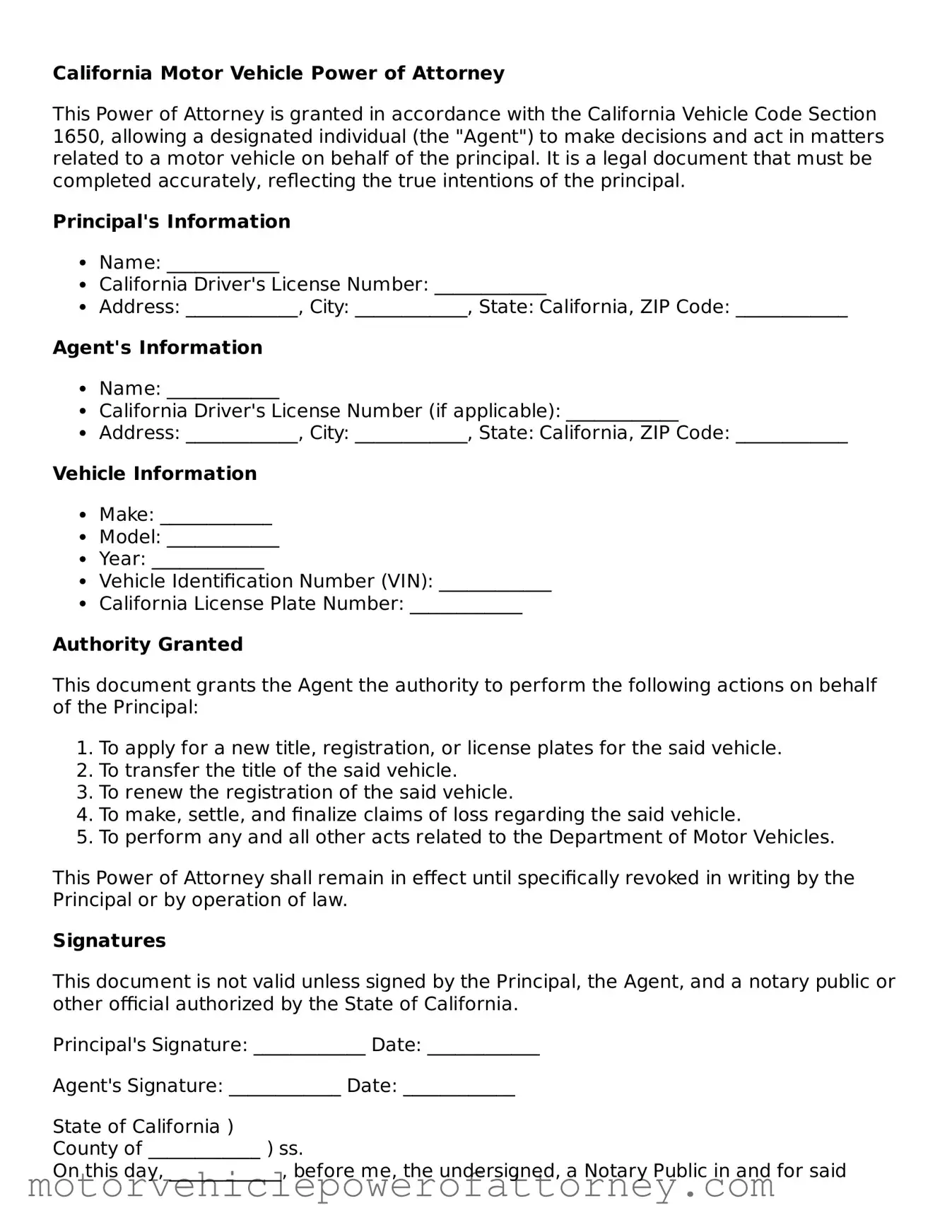 Motor Vehicle Power of Attorney Template for California State