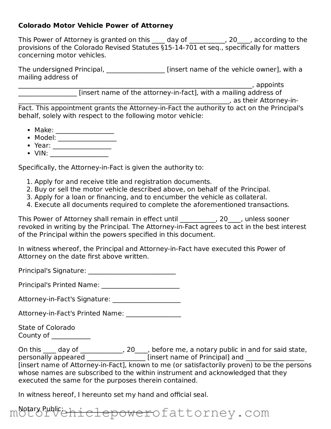 Motor Vehicle Power of Attorney Template for Colorado State