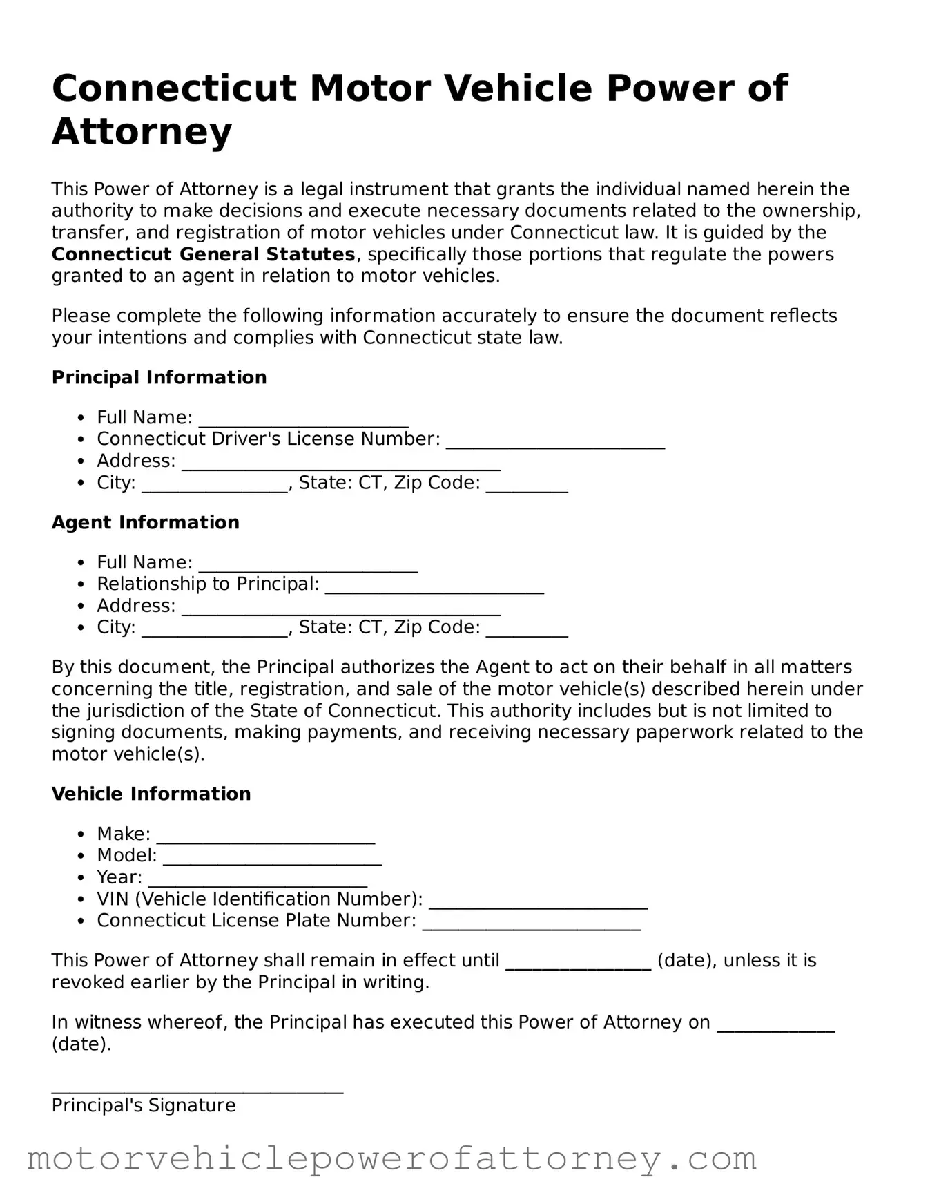 Motor Vehicle Power of Attorney Template for Connecticut State