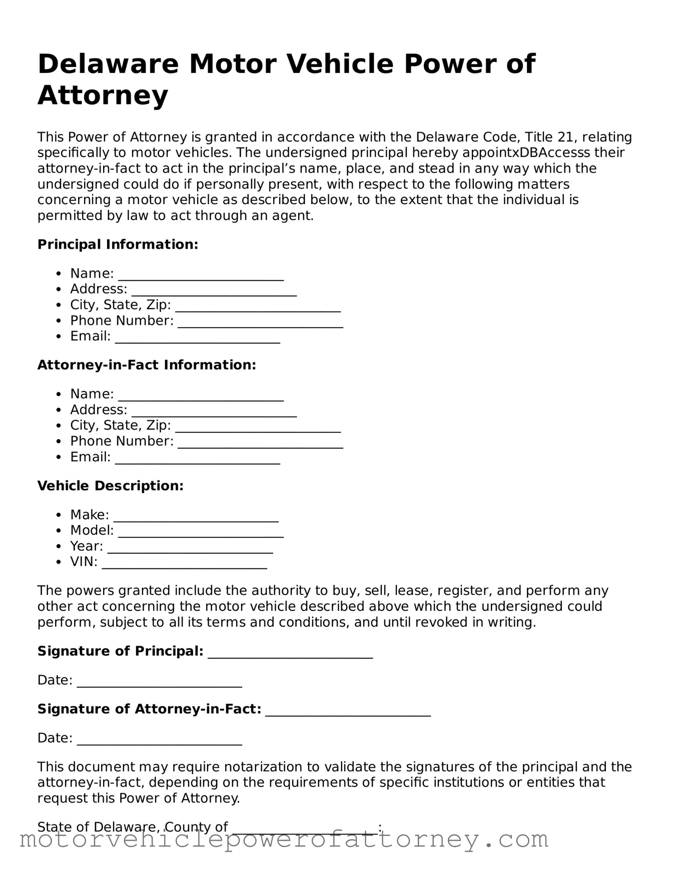 Motor Vehicle Power of Attorney Template for Delaware State
