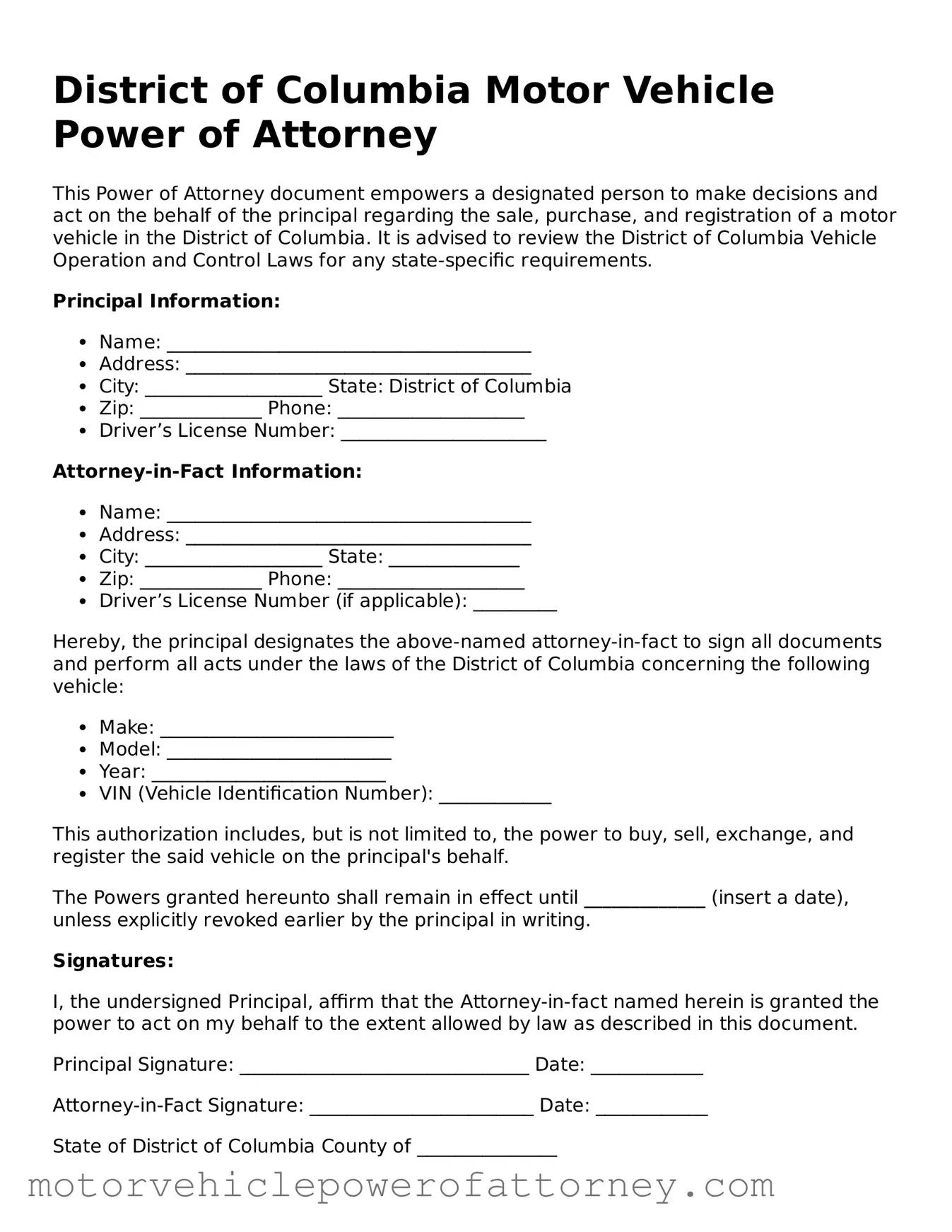 Motor Vehicle Power of Attorney Template for District of Columbia State