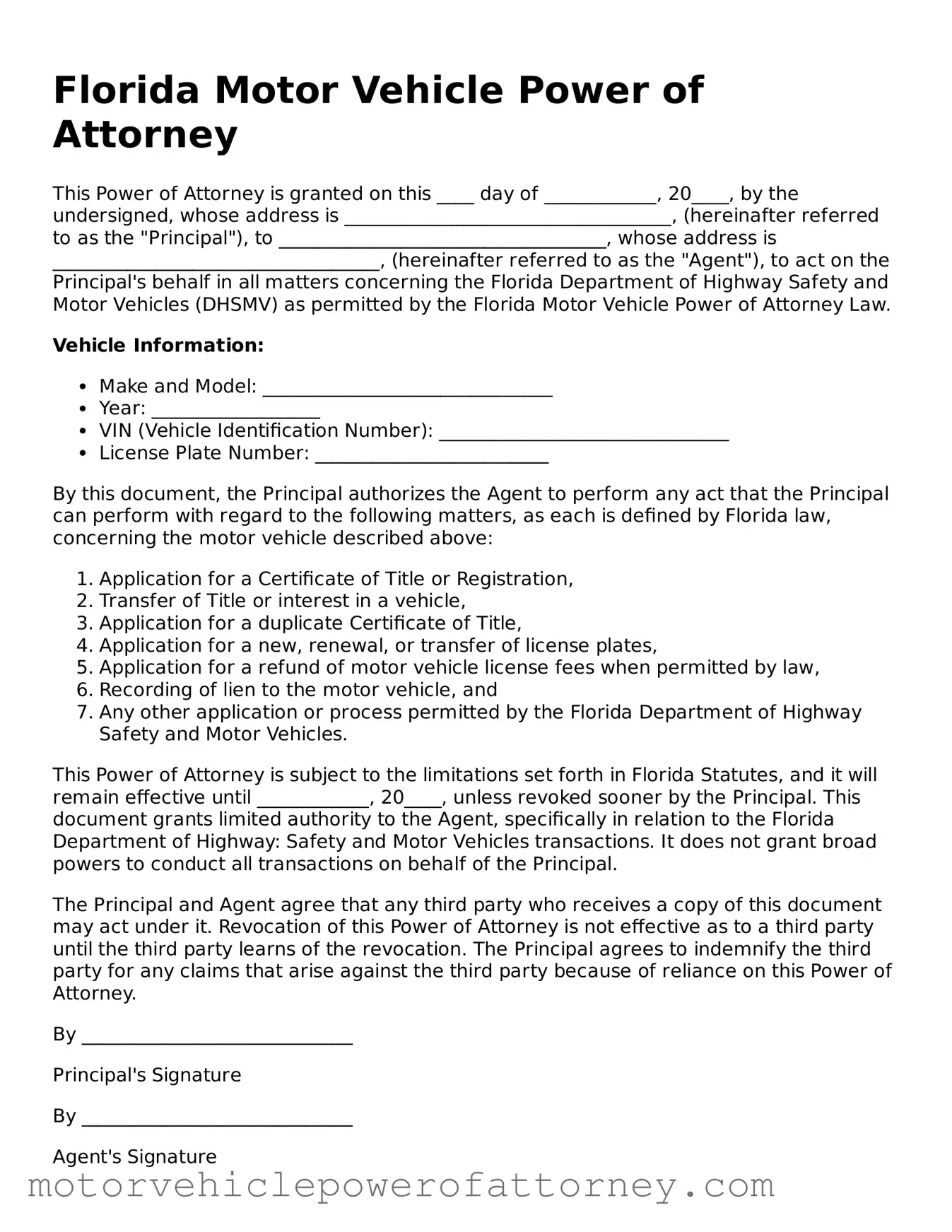 Motor Vehicle Power of Attorney Template for Florida State