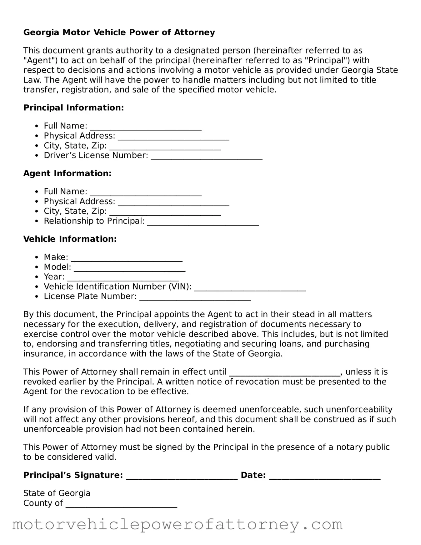 Motor Vehicle Power of Attorney Template for Georgia State