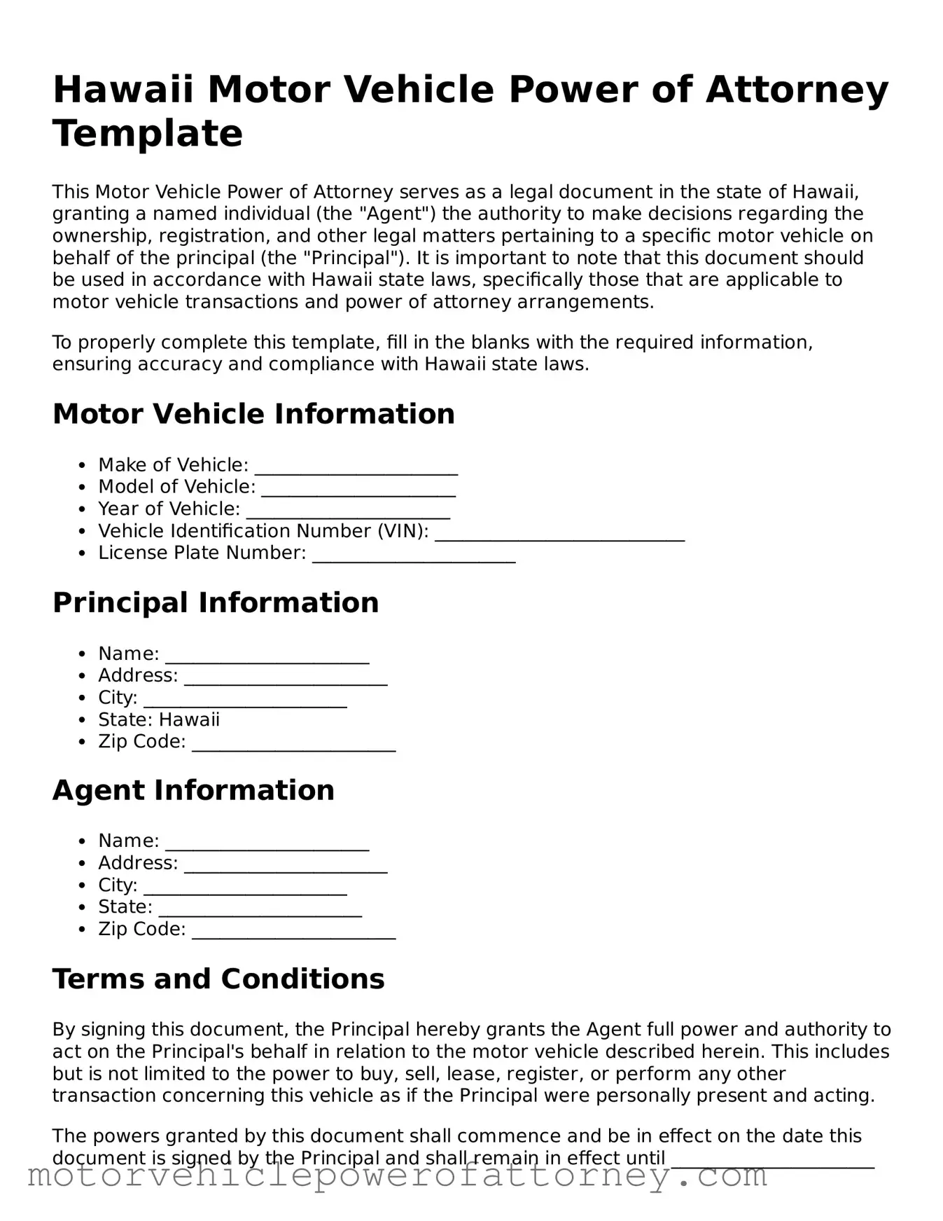 Motor Vehicle Power of Attorney Template for Hawaii State