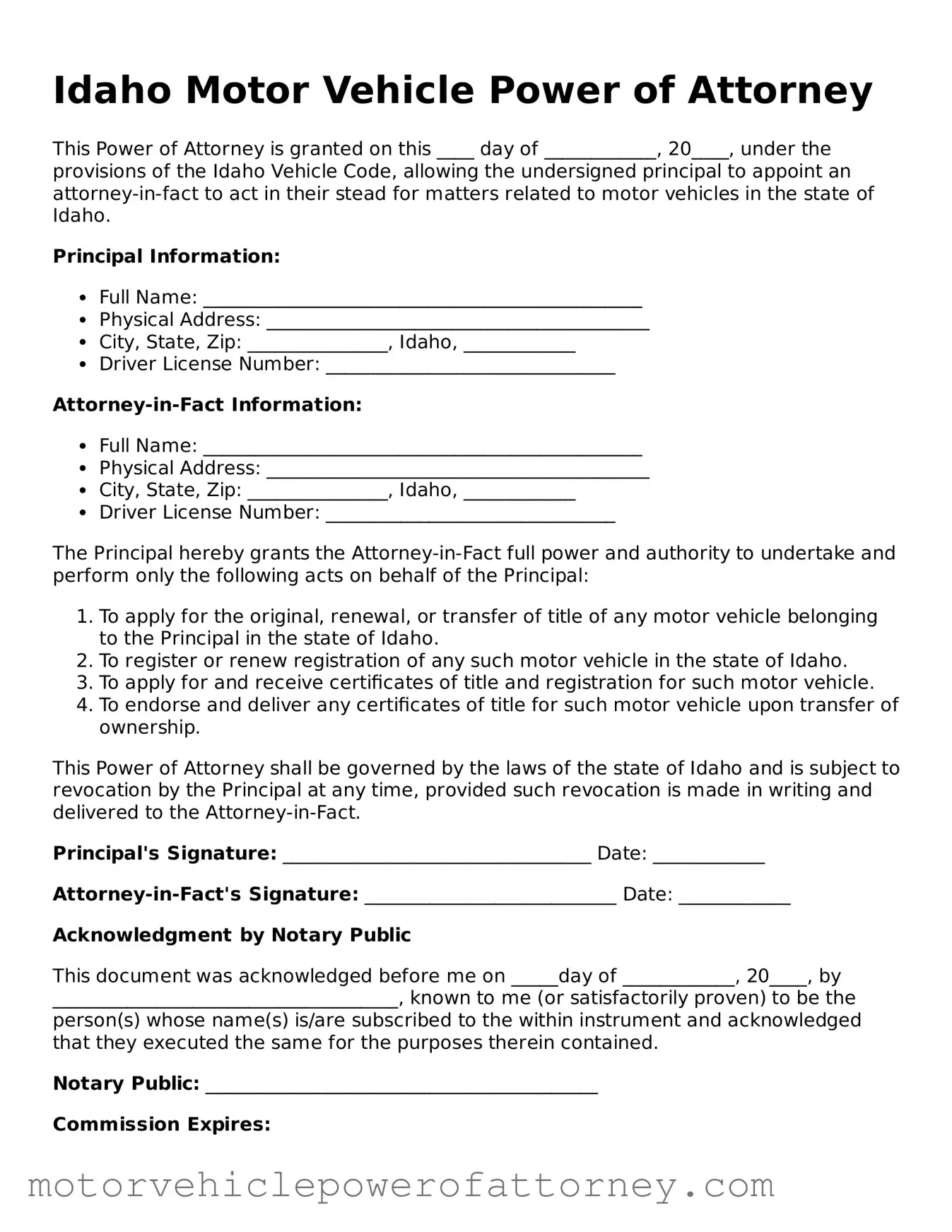 Motor Vehicle Power of Attorney Template for Idaho State
