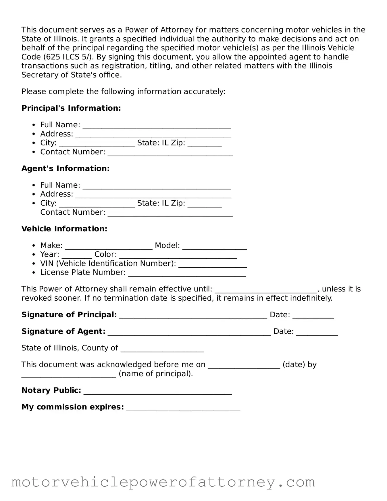 Motor Vehicle Power of Attorney Template for Illinois State