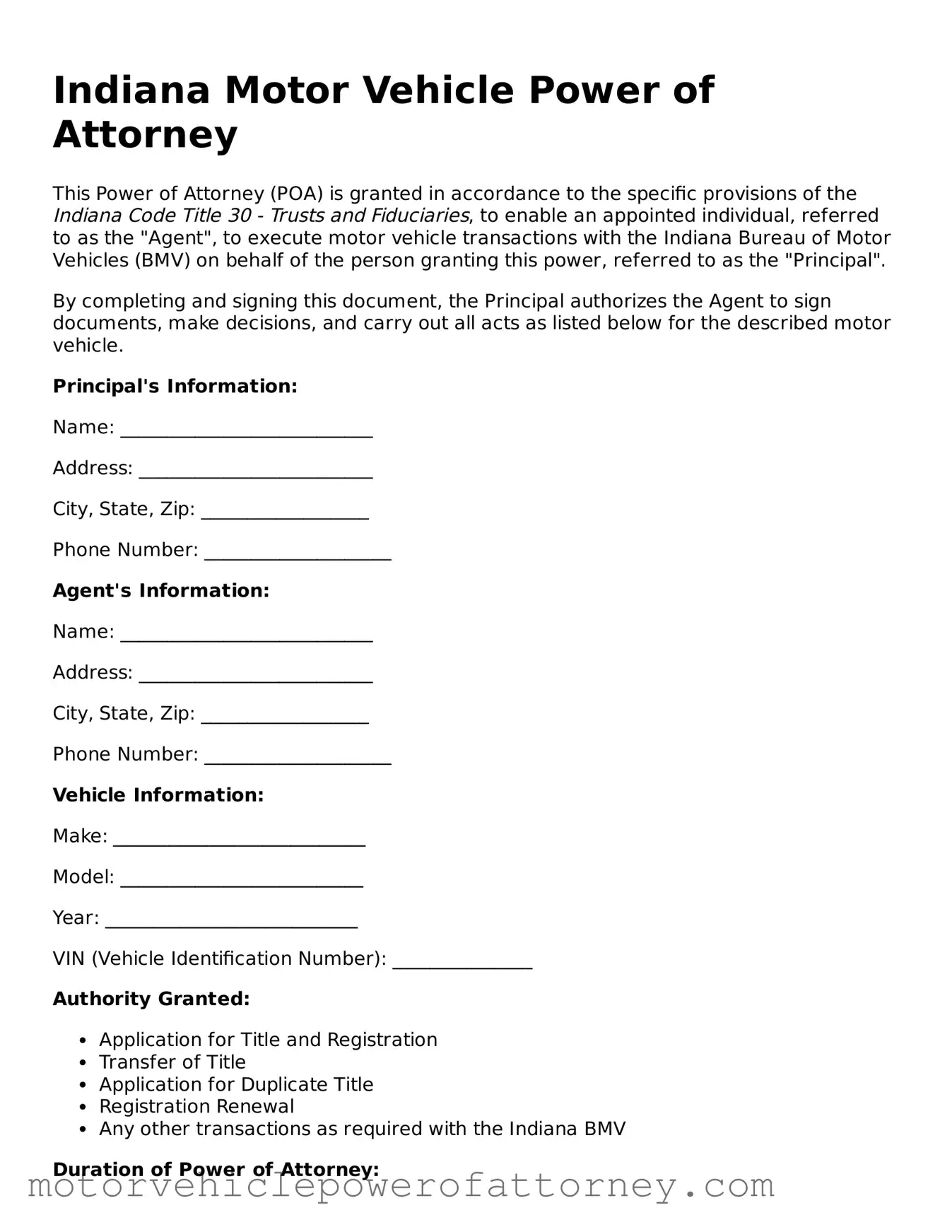 Motor Vehicle Power of Attorney Template for Indiana State