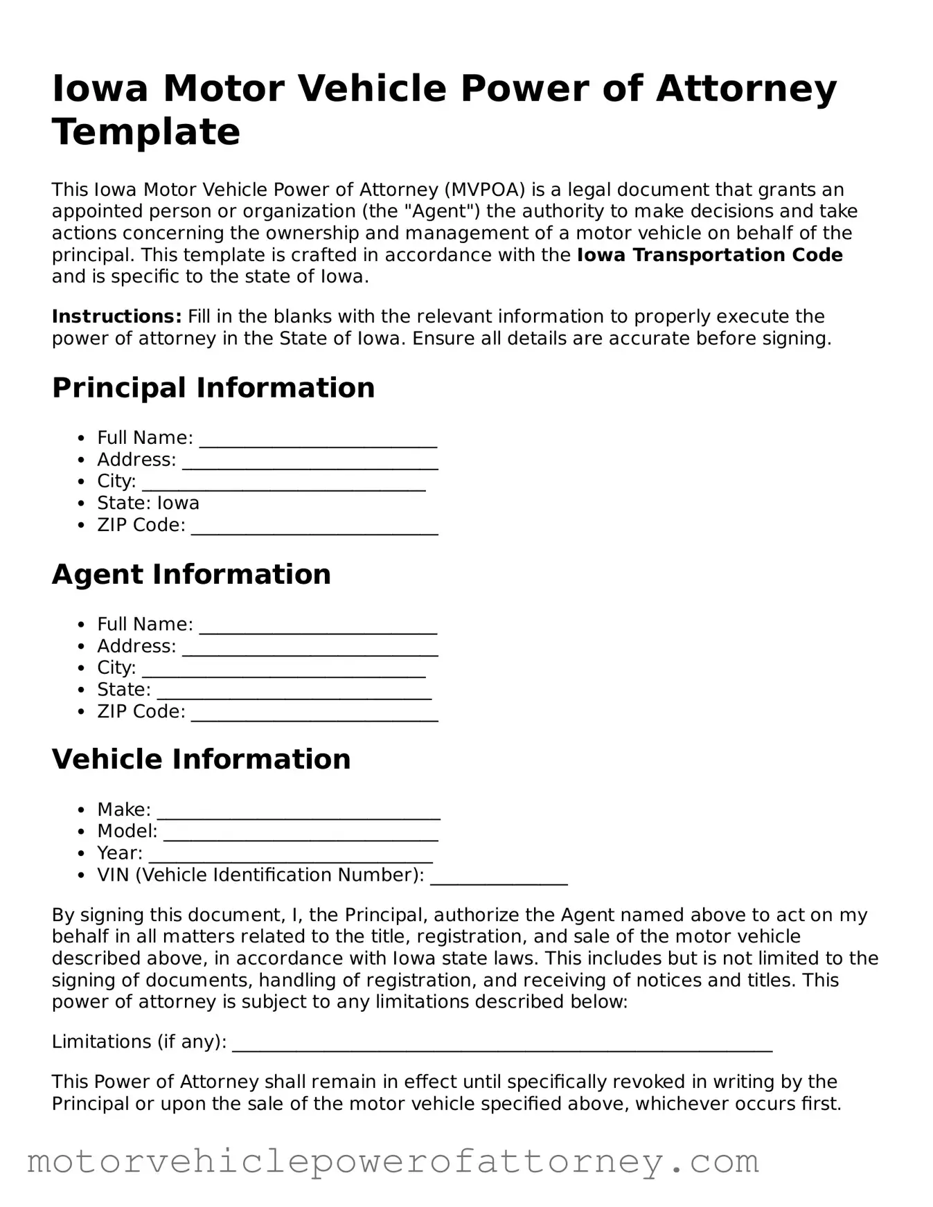 Motor Vehicle Power of Attorney Template for Iowa State
