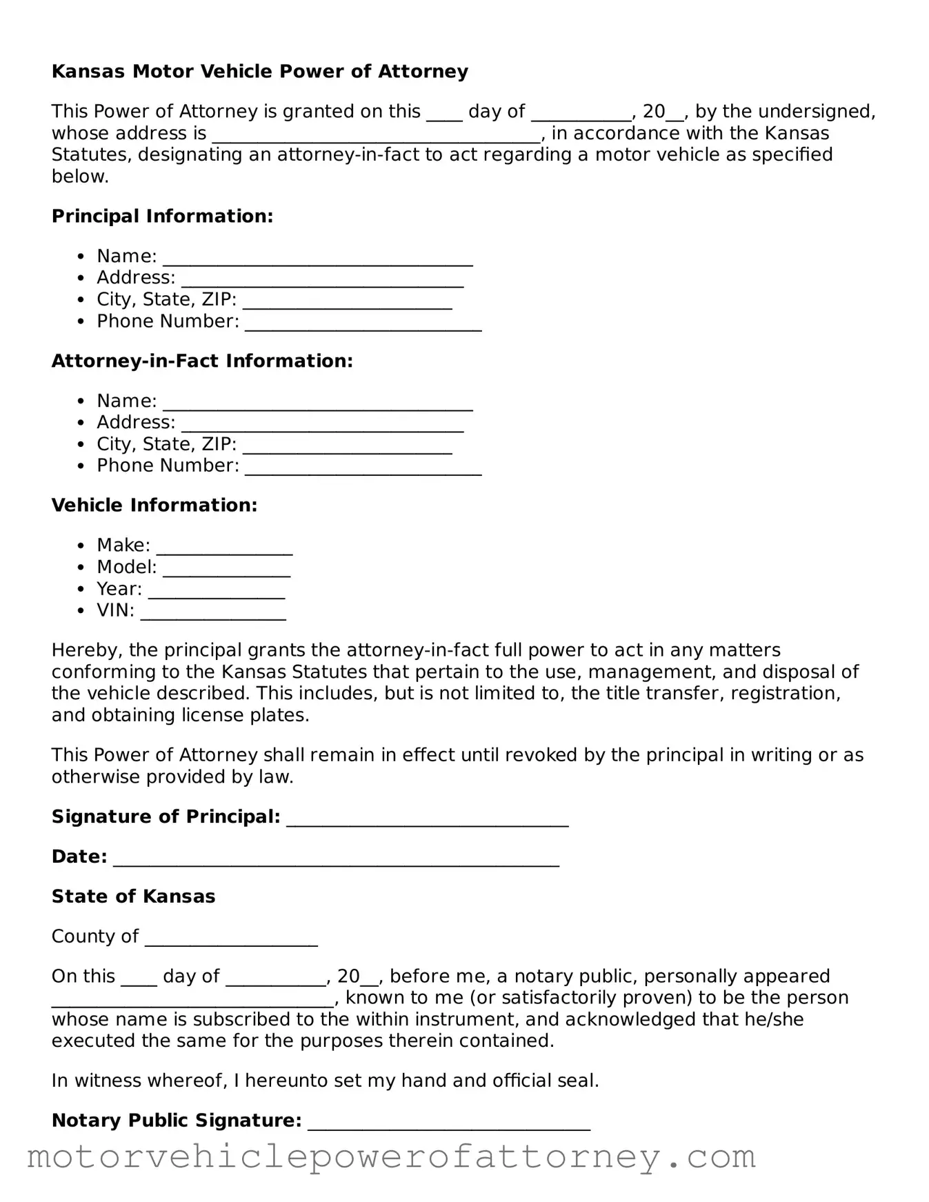 Motor Vehicle Power of Attorney Template for Kansas State