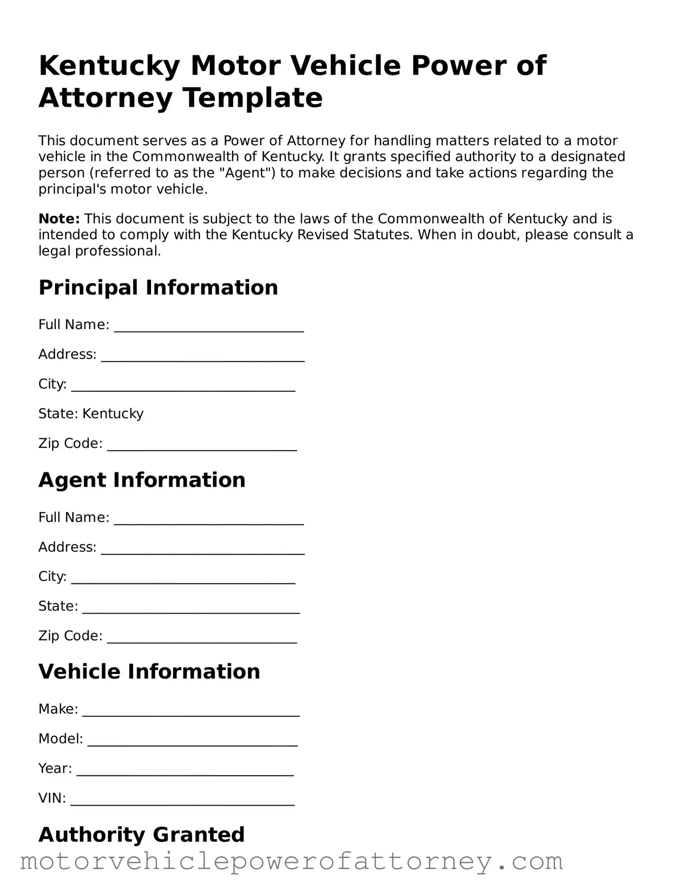 Motor Vehicle Power of Attorney Template for Kentucky State