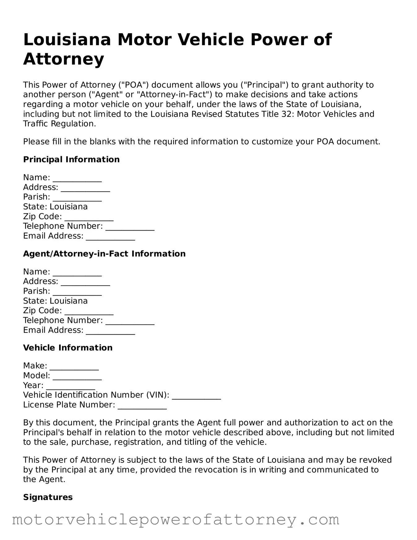 Motor Vehicle Power of Attorney Template for Louisiana State