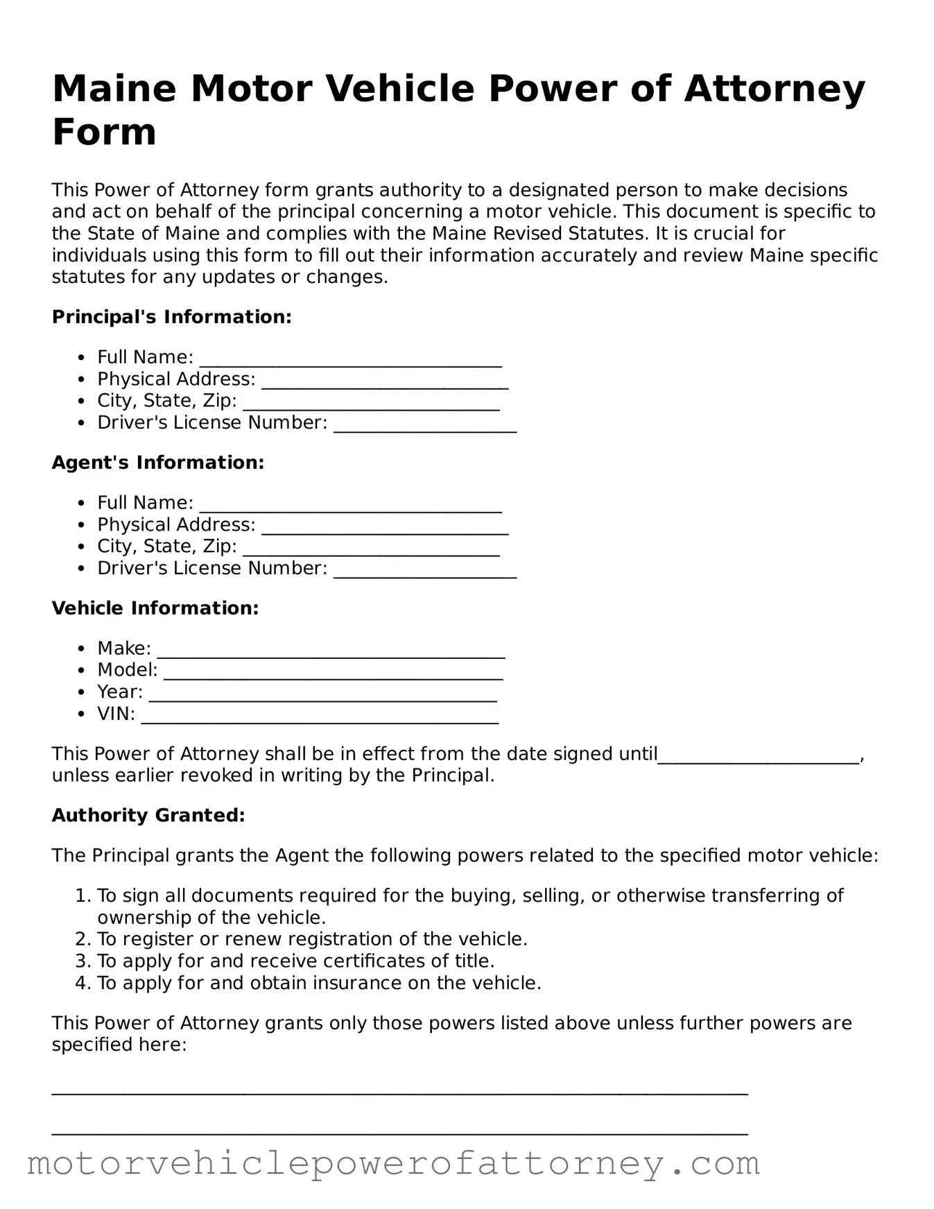 Motor Vehicle Power of Attorney Template for Maine State