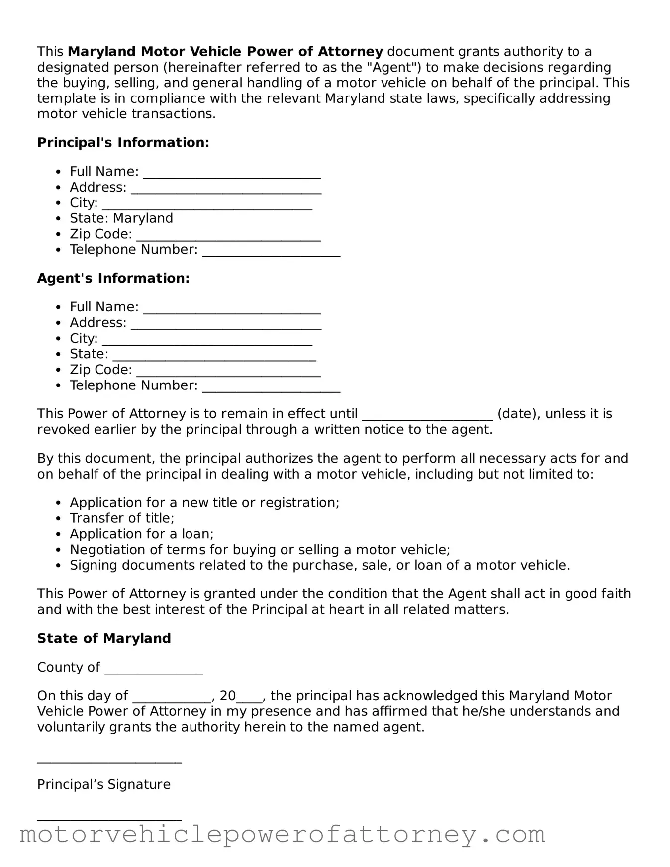 Motor Vehicle Power of Attorney Template for Maryland State