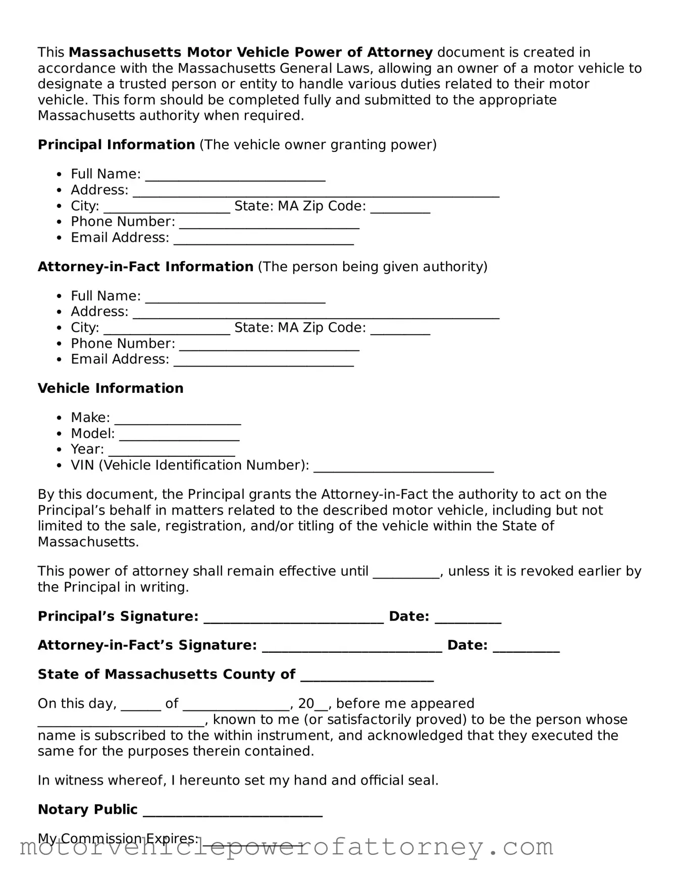 Motor Vehicle Power of Attorney Template for Massachusetts State
