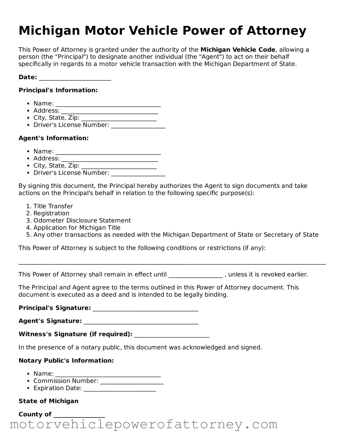 Motor Vehicle Power of Attorney Template for Michigan State