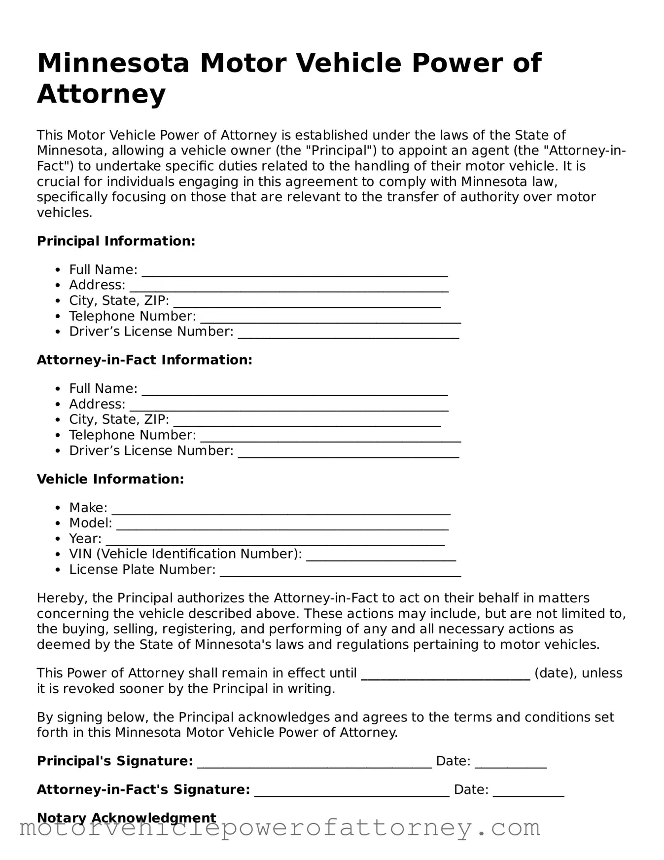 Motor Vehicle Power of Attorney Template for Minnesota State