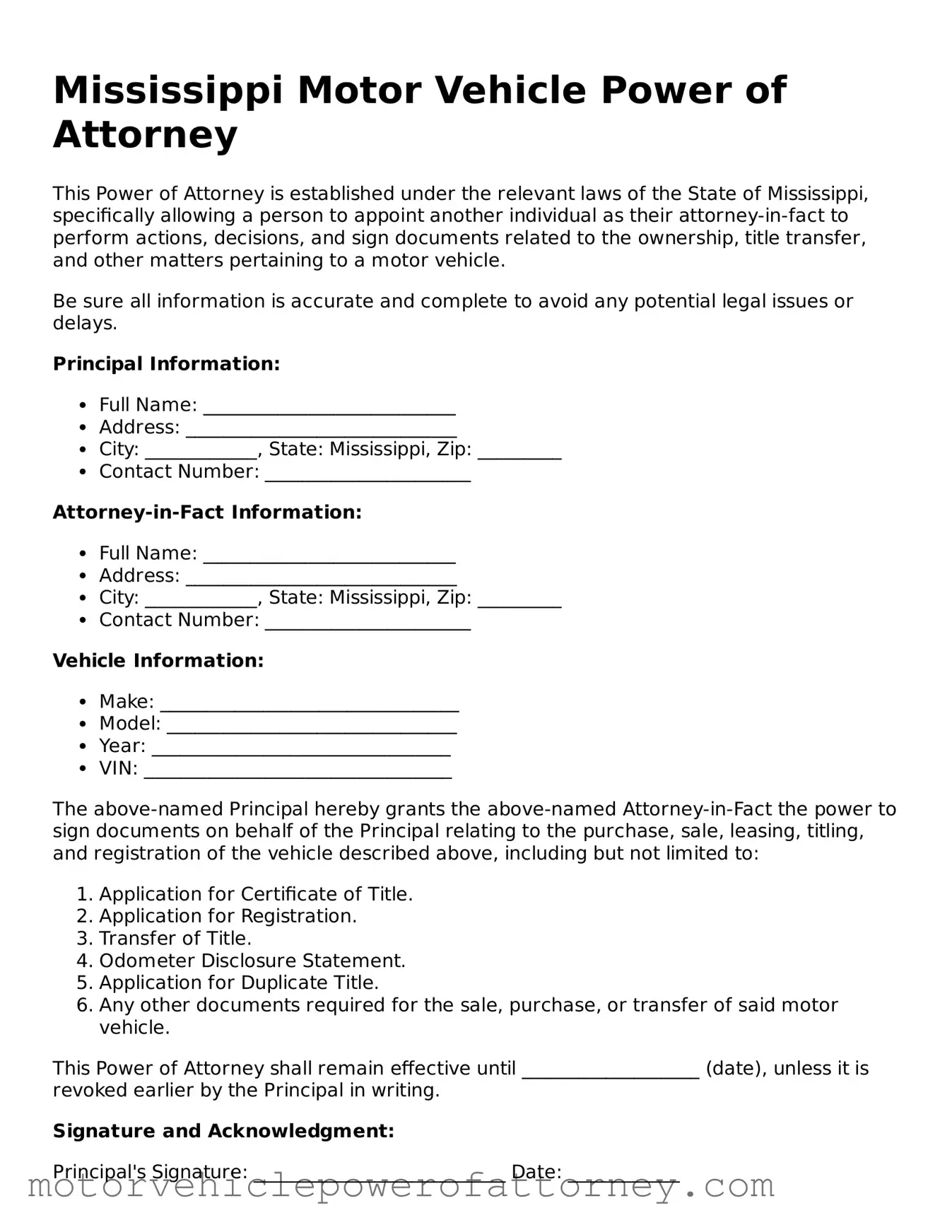 Motor Vehicle Power of Attorney Template for Mississippi State