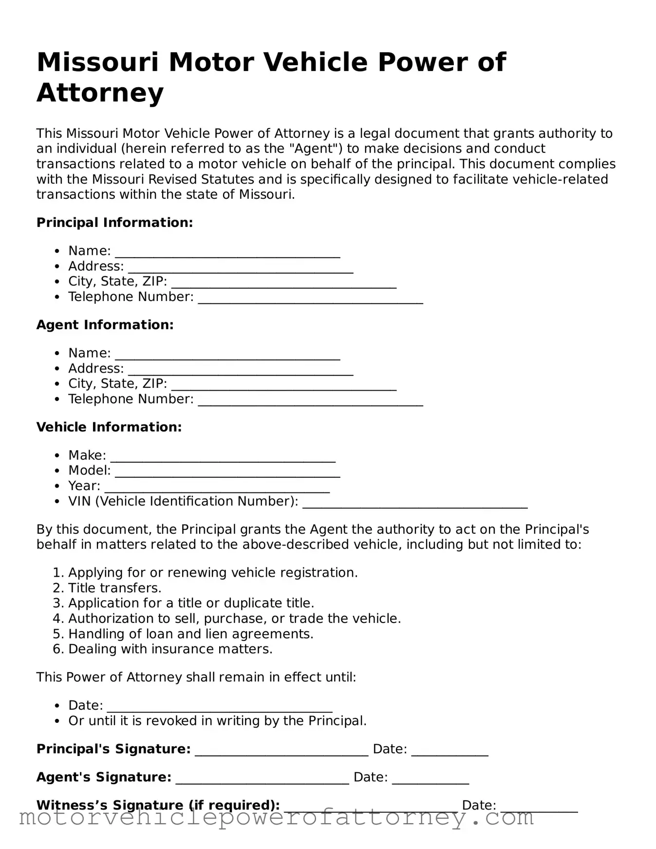 Motor Vehicle Power of Attorney Template for Missouri State