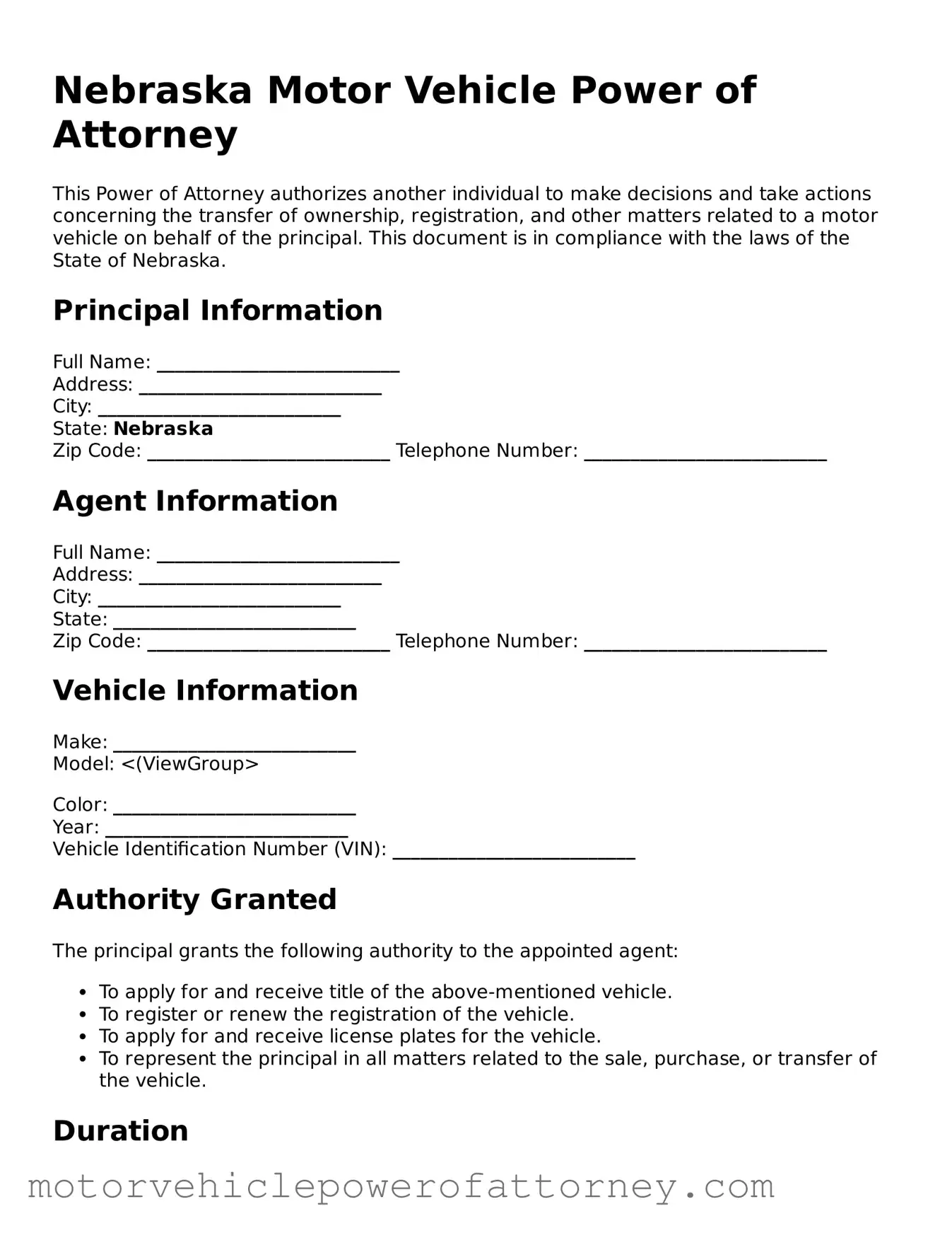 Motor Vehicle Power of Attorney Template for Nebraska State