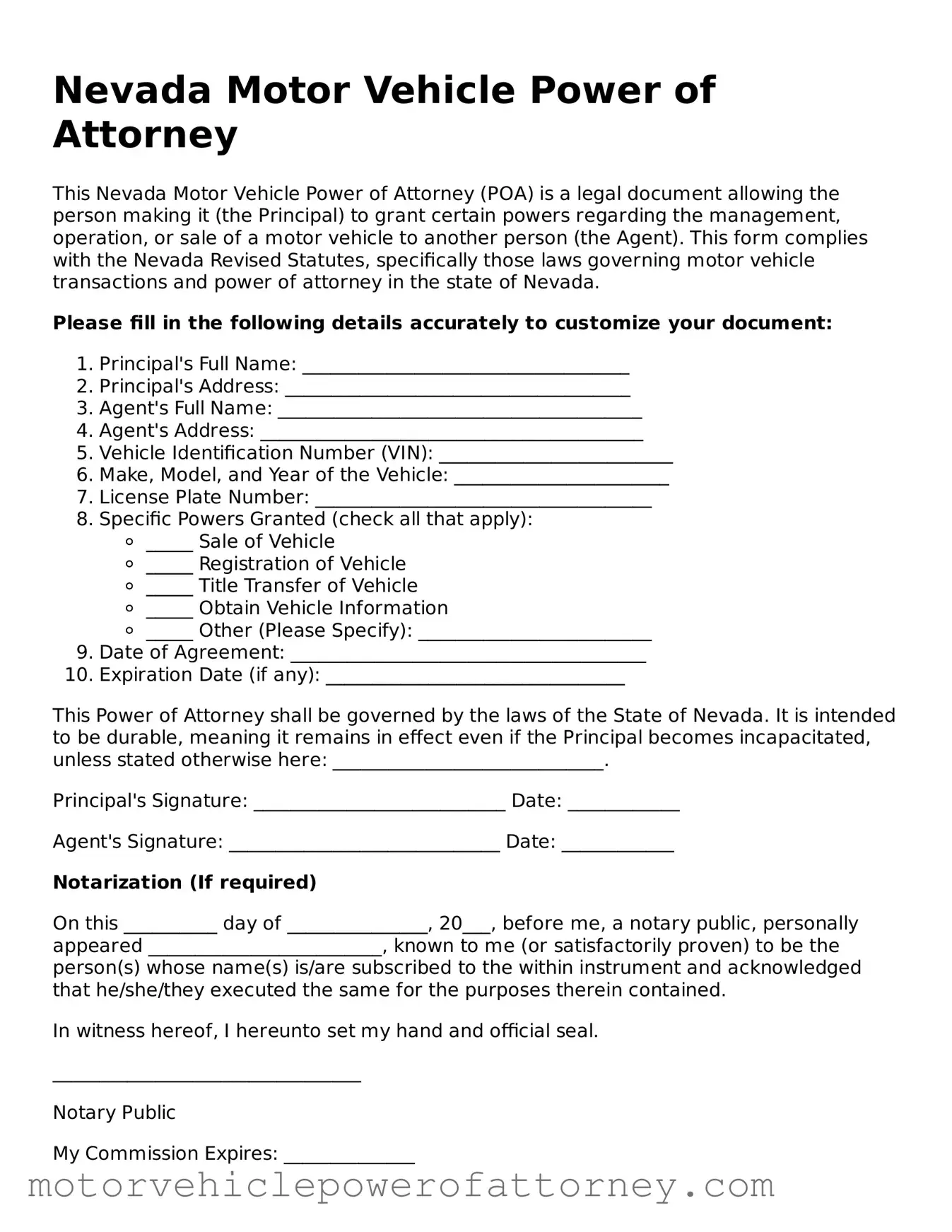 Motor Vehicle Power of Attorney Template for Nevada State