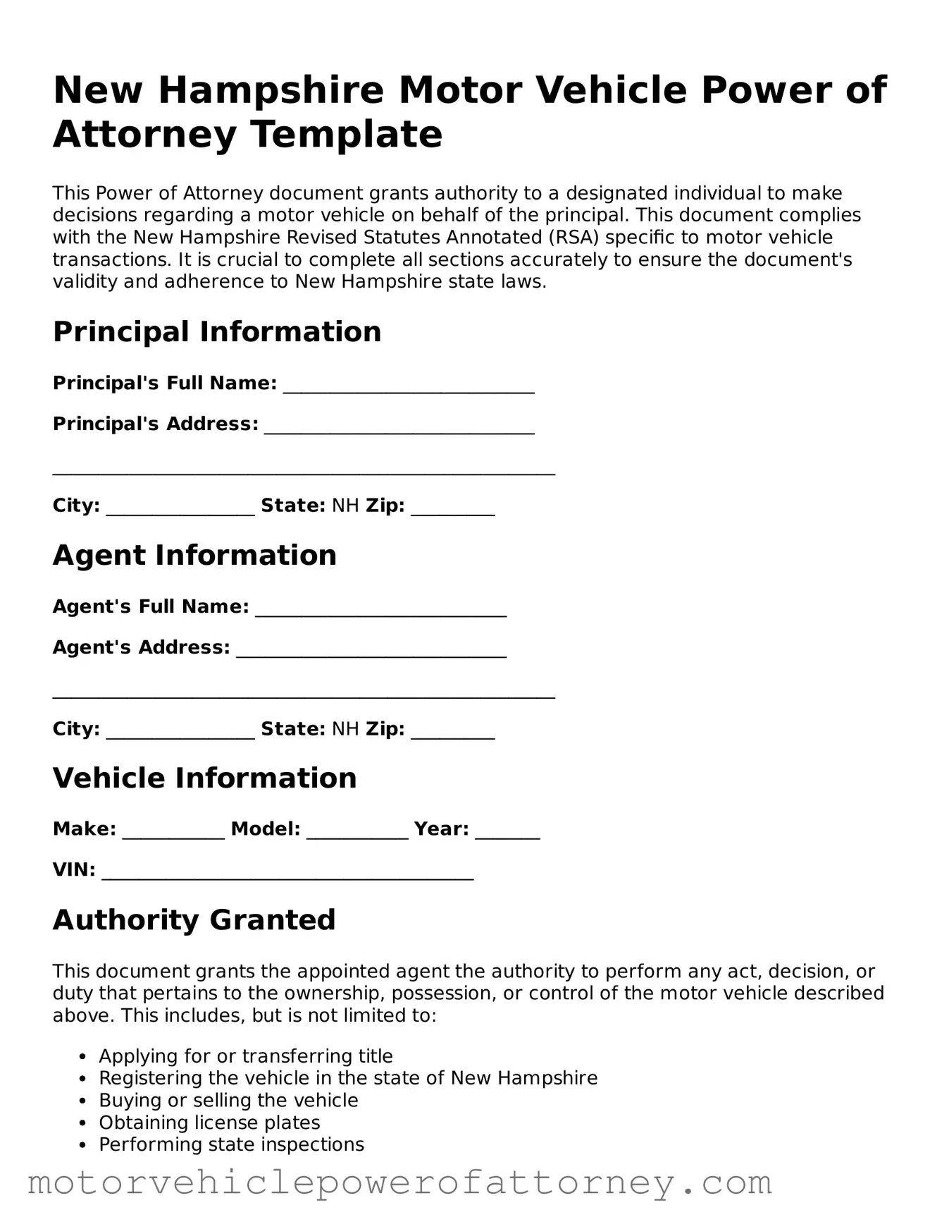Motor Vehicle Power of Attorney Template for New Hampshire State