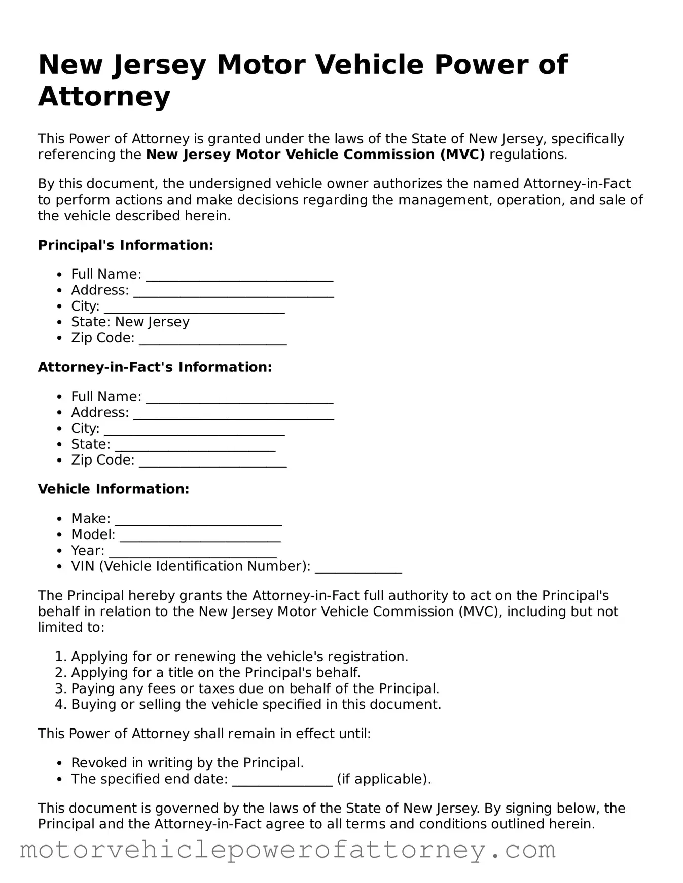 Motor Vehicle Power of Attorney Template for New Jersey State