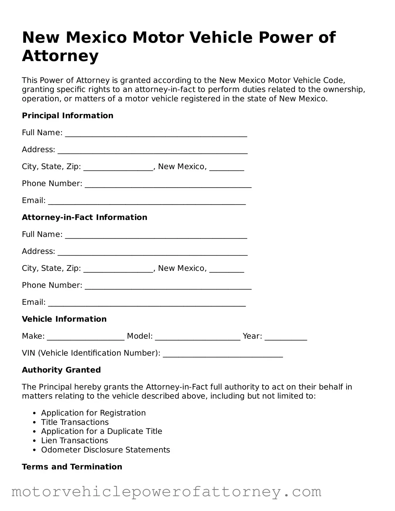 Motor Vehicle Power of Attorney Template for New Mexico State