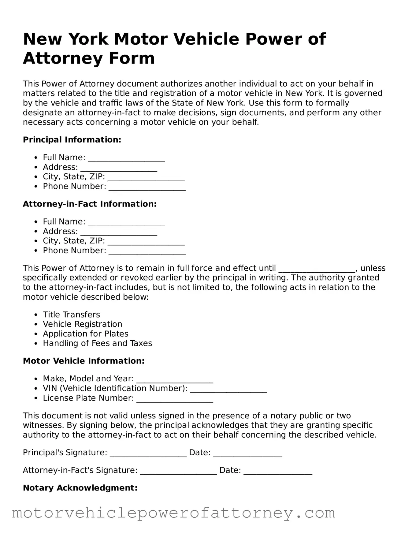 Motor Vehicle Power of Attorney Template for New York State