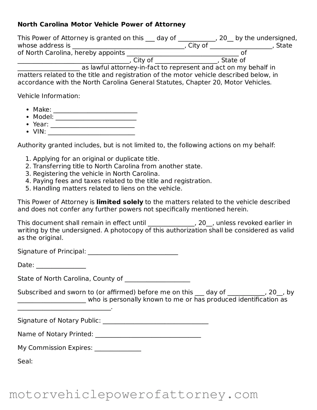 Motor Vehicle Power of Attorney Template for North Carolina State