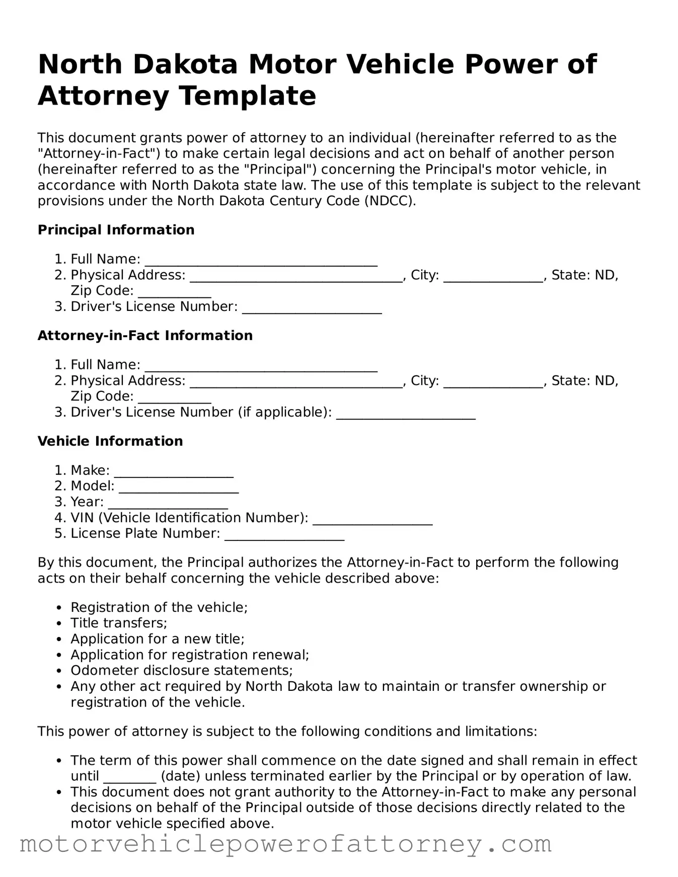 Motor Vehicle Power of Attorney Template for North Dakota State