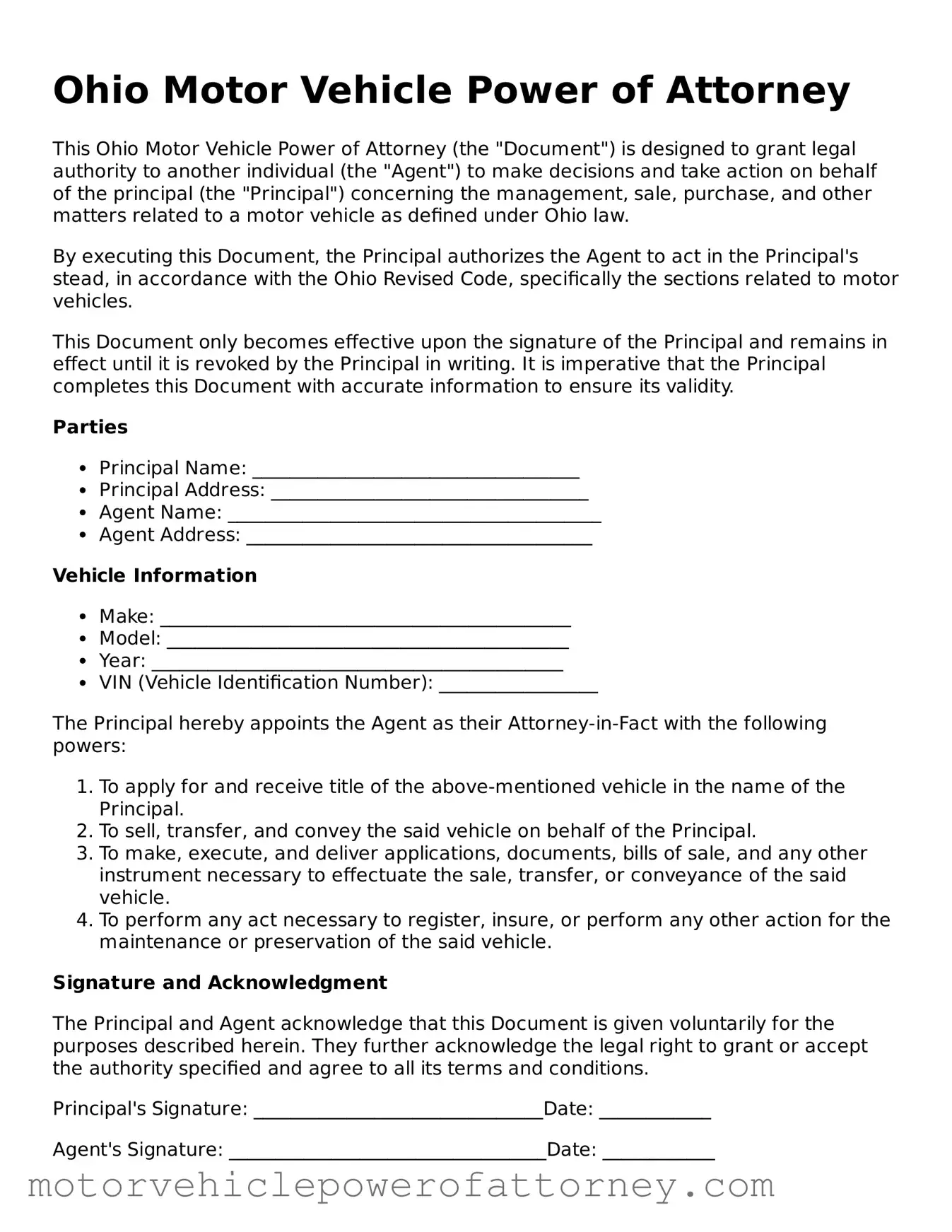 Motor Vehicle Power of Attorney Template for Ohio State