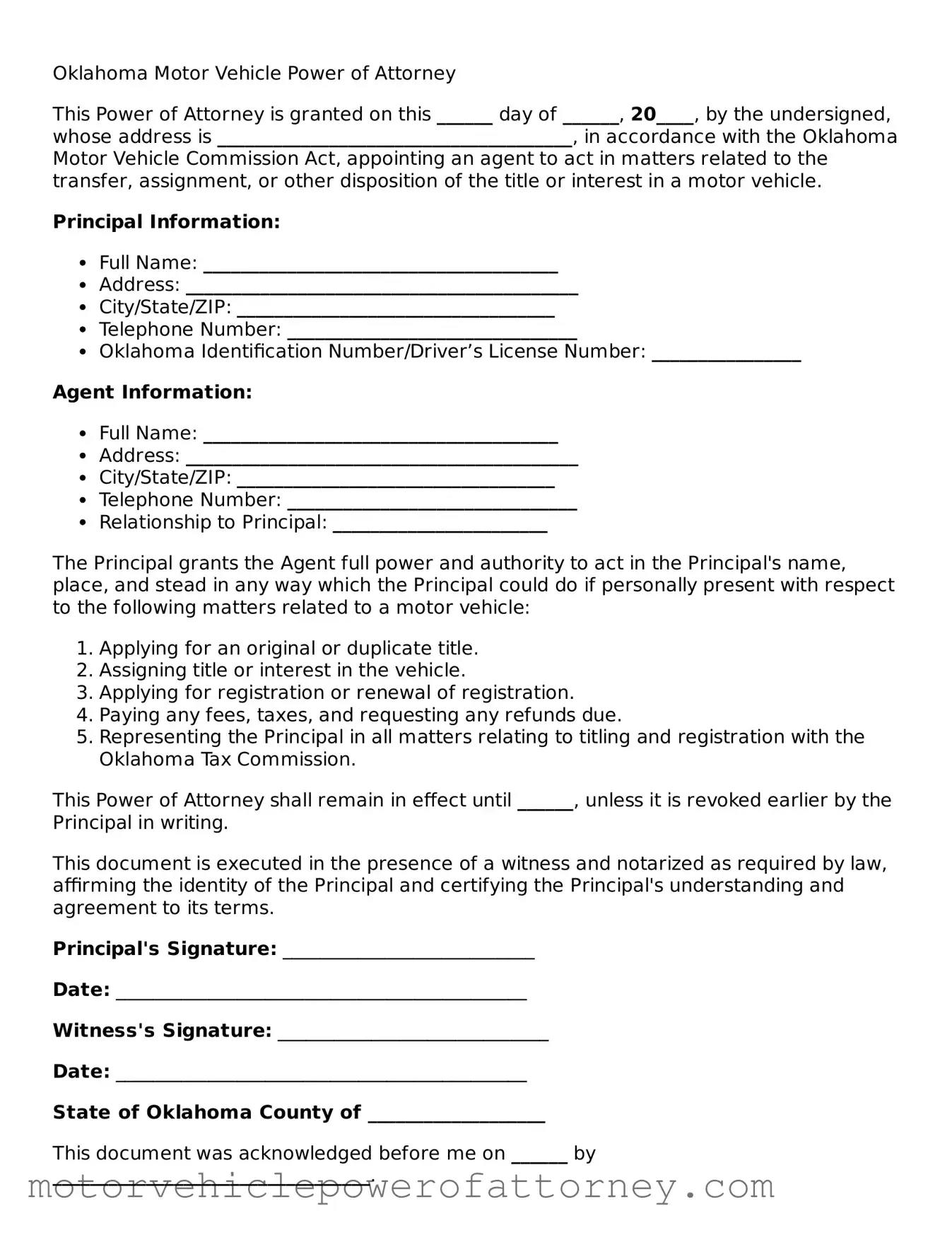 Motor Vehicle Power of Attorney Template for Oklahoma State