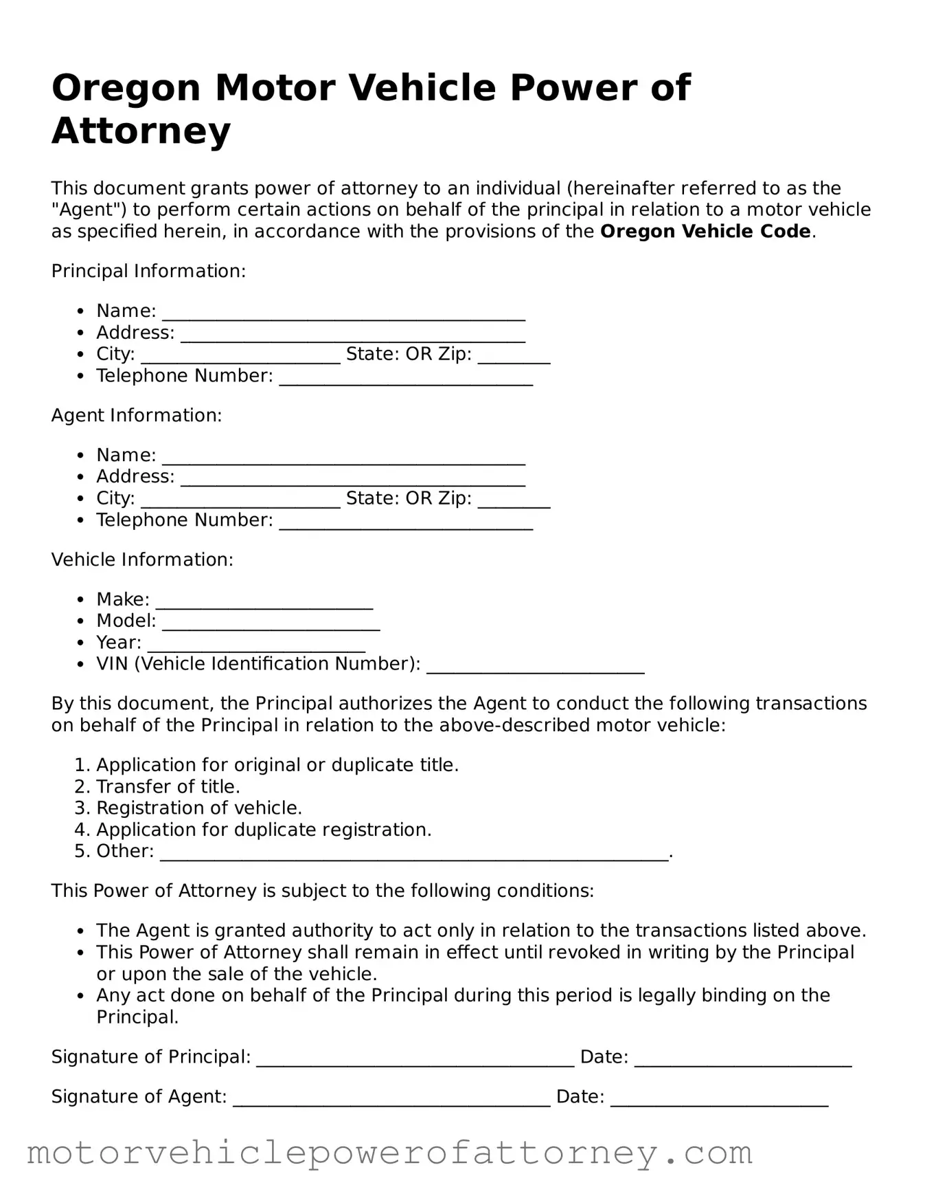 Motor Vehicle Power of Attorney Template for Oregon State