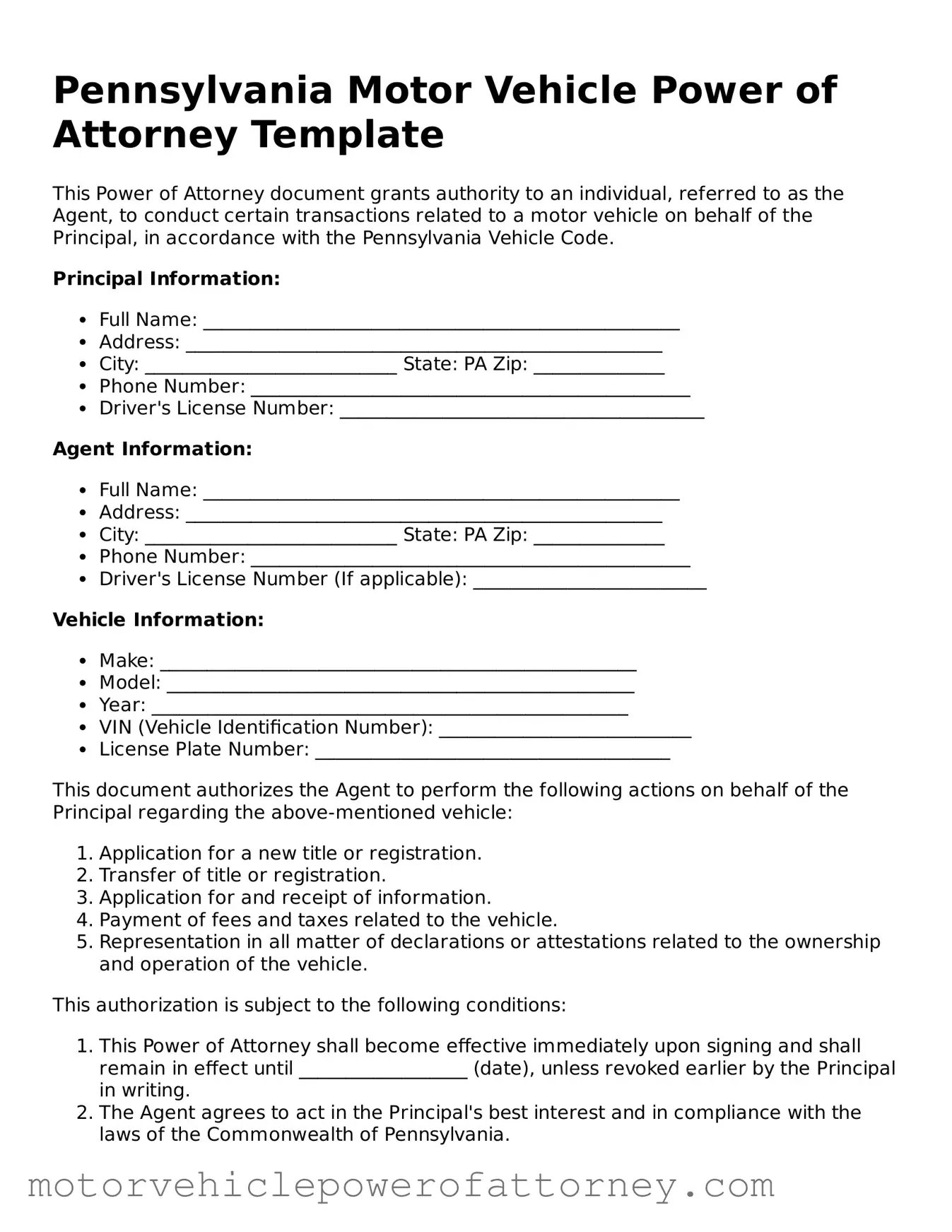 Motor Vehicle Power of Attorney Template for Pennsylvania State