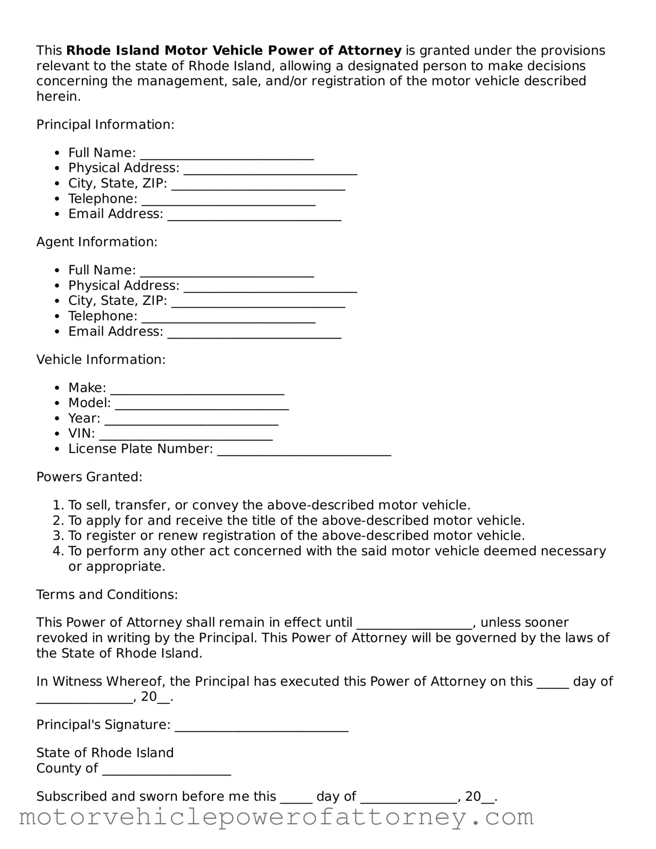 Motor Vehicle Power of Attorney Template for Rhode Island State