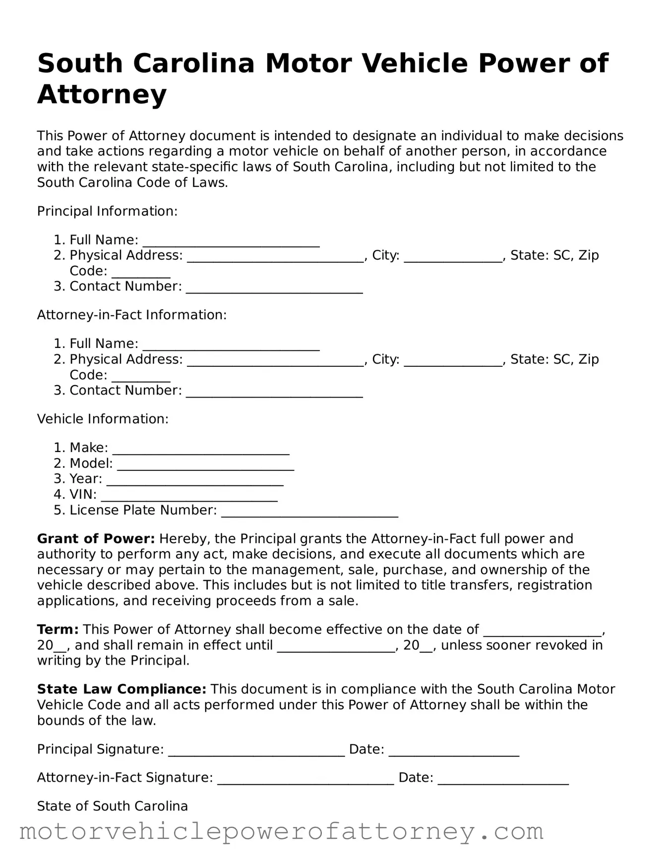 Motor Vehicle Power of Attorney Template for South Carolina State