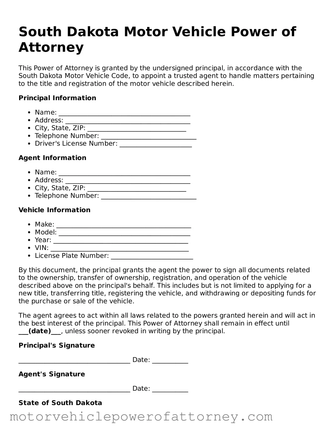 Motor Vehicle Power of Attorney Template for South Dakota State