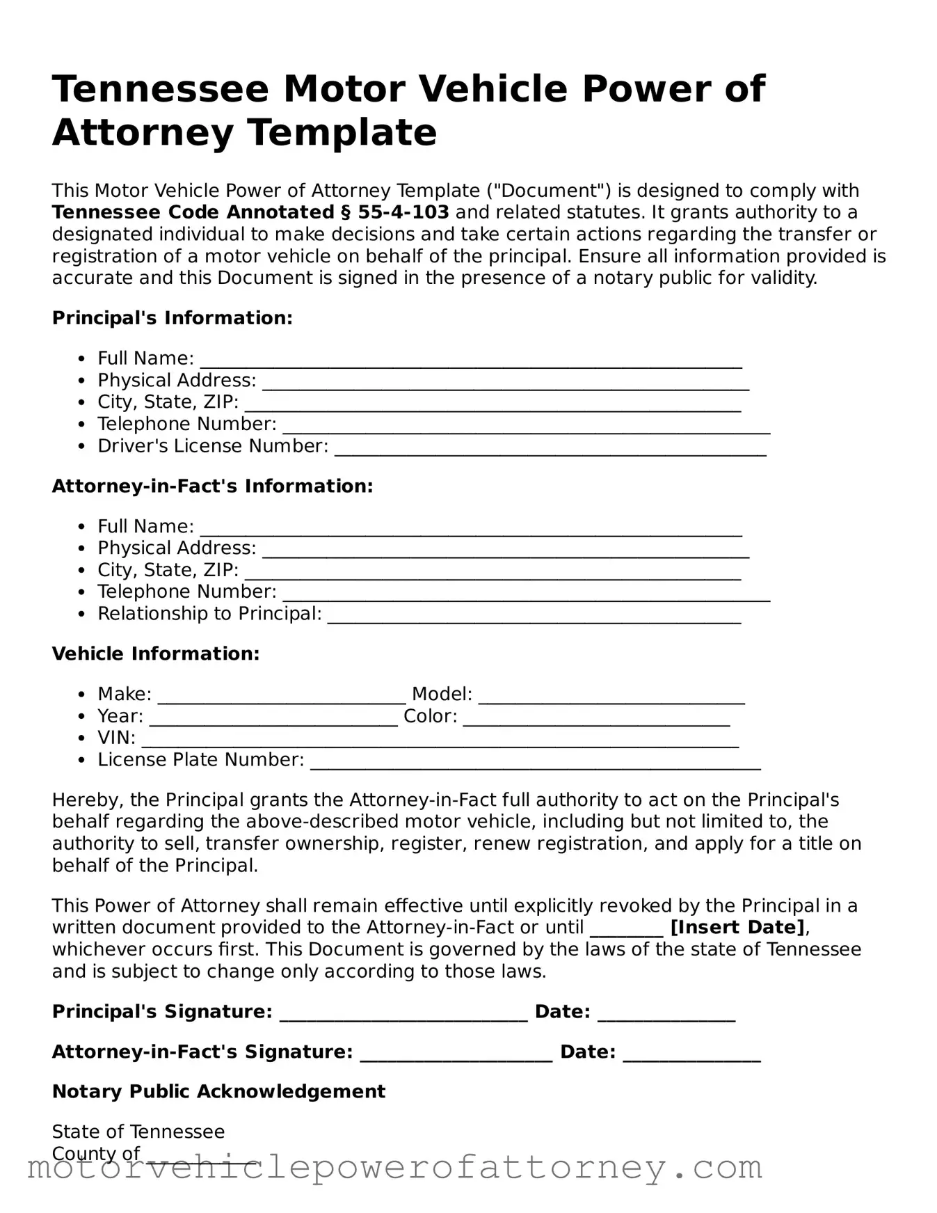 Motor Vehicle Power of Attorney Template for Tennessee State