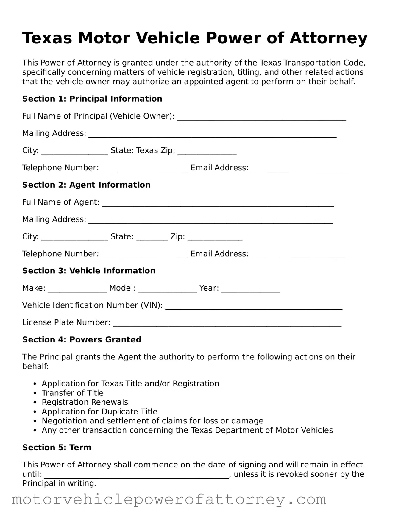 Motor Vehicle Power of Attorney Template for Texas State