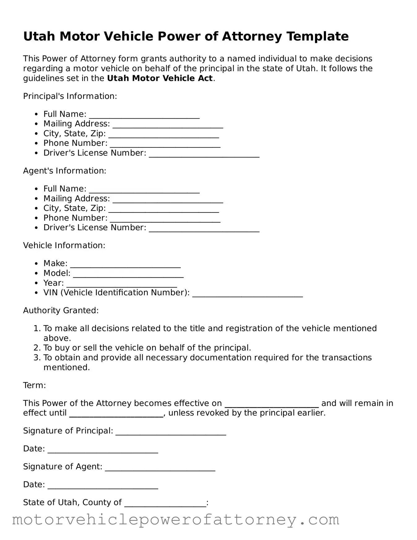 Motor Vehicle Power of Attorney Template for Utah State