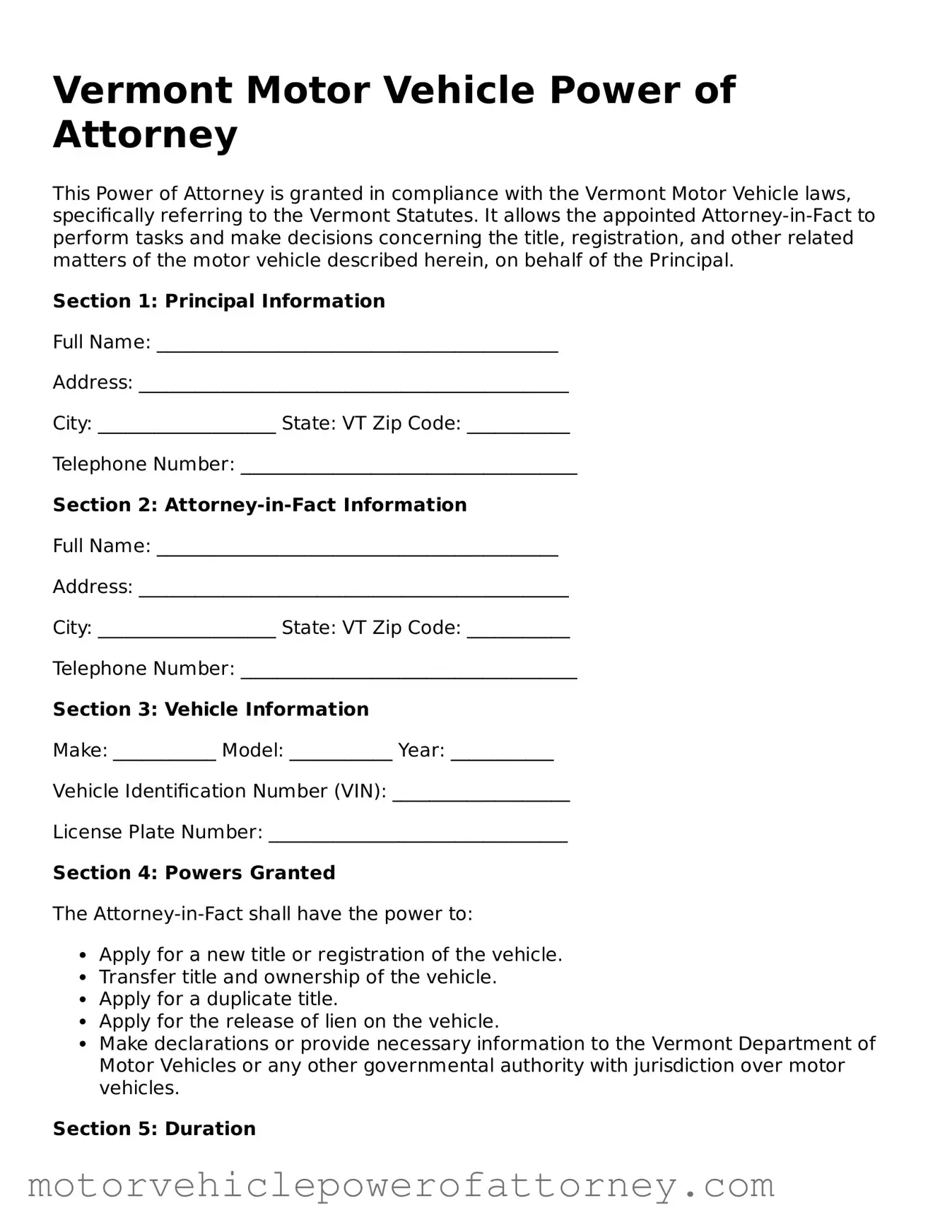 Motor Vehicle Power of Attorney Template for Vermont State