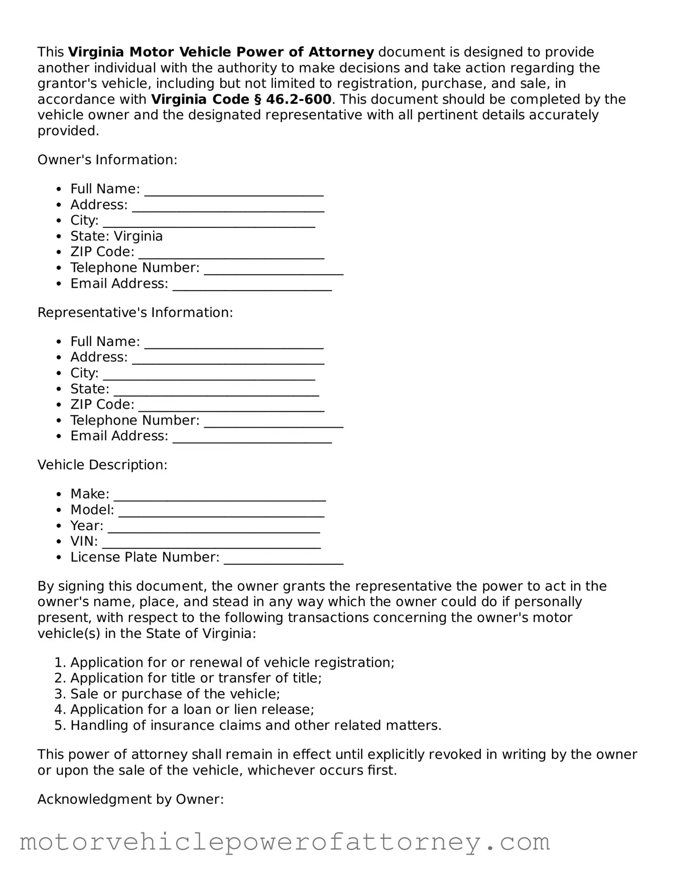 Motor Vehicle Power of Attorney Template for Virginia State