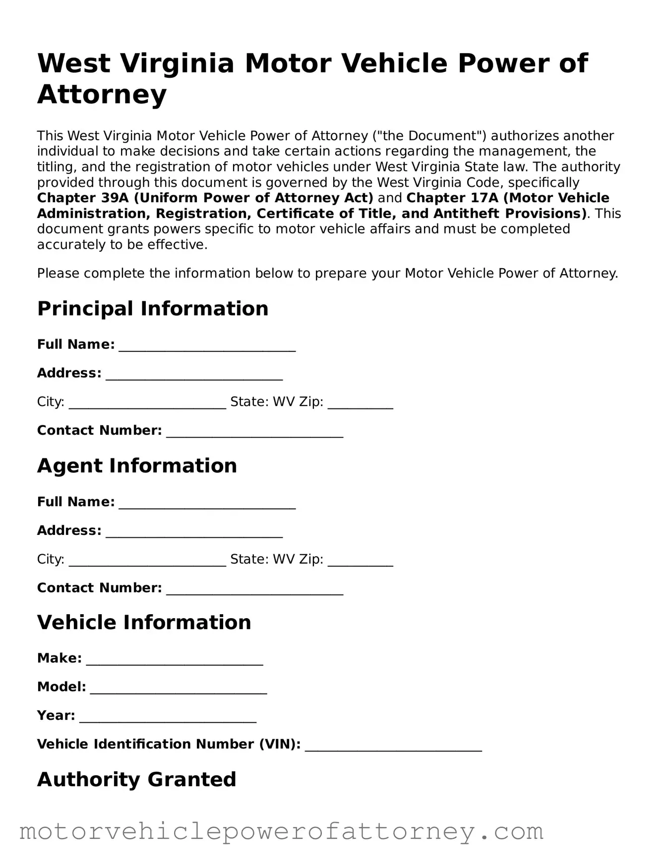 Motor Vehicle Power of Attorney Template for West Virginia State