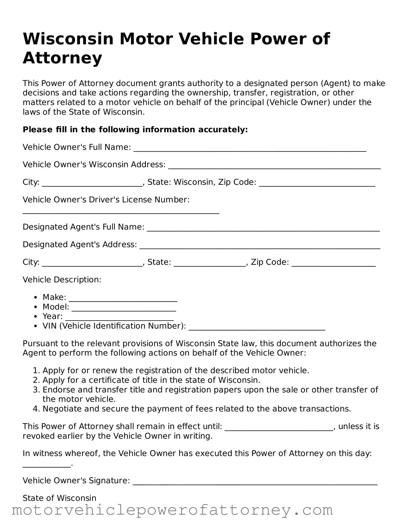 Motor Vehicle Power of Attorney Template for Wisconsin State