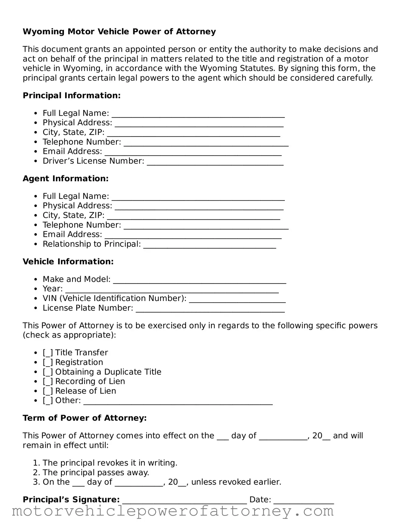 Motor Vehicle Power of Attorney Template for Wyoming State
